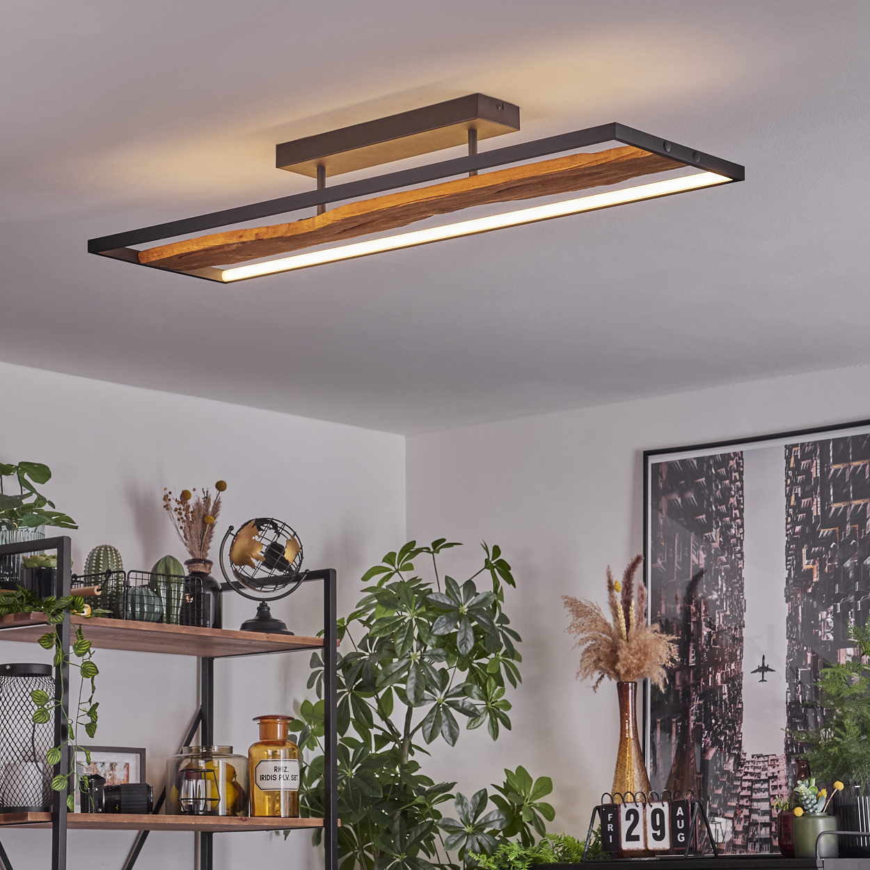 Deckenlampe mit Holzrahmen. Darunter Pflanzen, Regale mit Dekorationen und ein gerahmtes Bild. Die Szene ist gut beleuchtet.