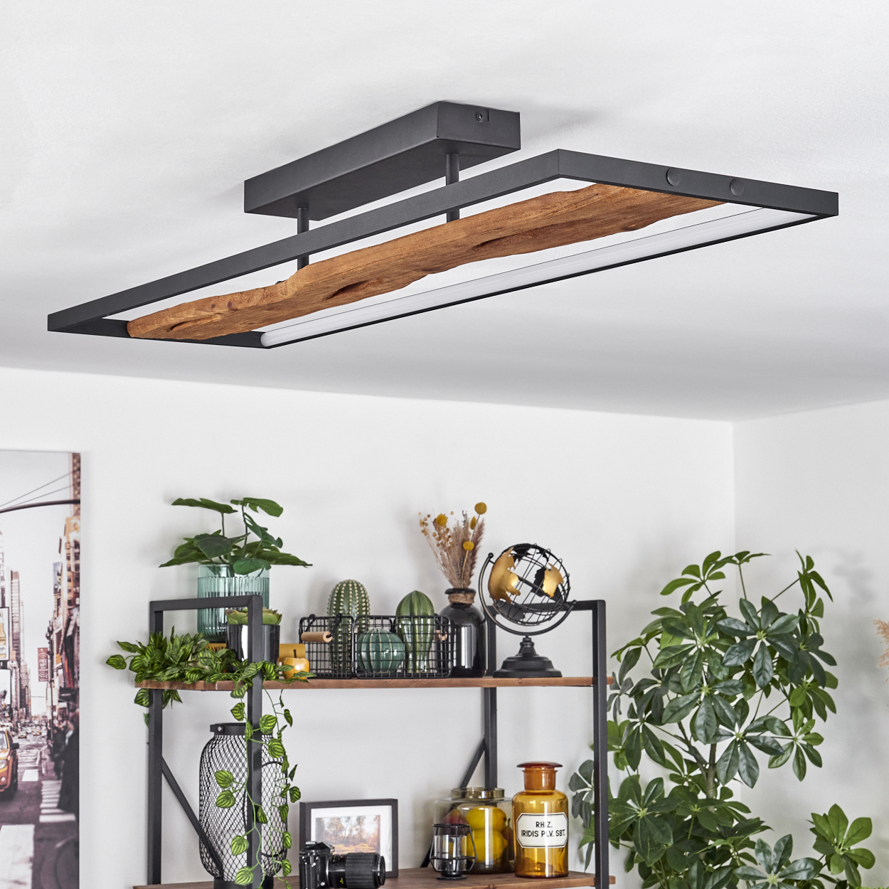 Eine moderne Deckenlampe mit Holzelement und ein Regal mit Pflanzen, Dekoration und Globus. Weiße Wand im Hintergrund.