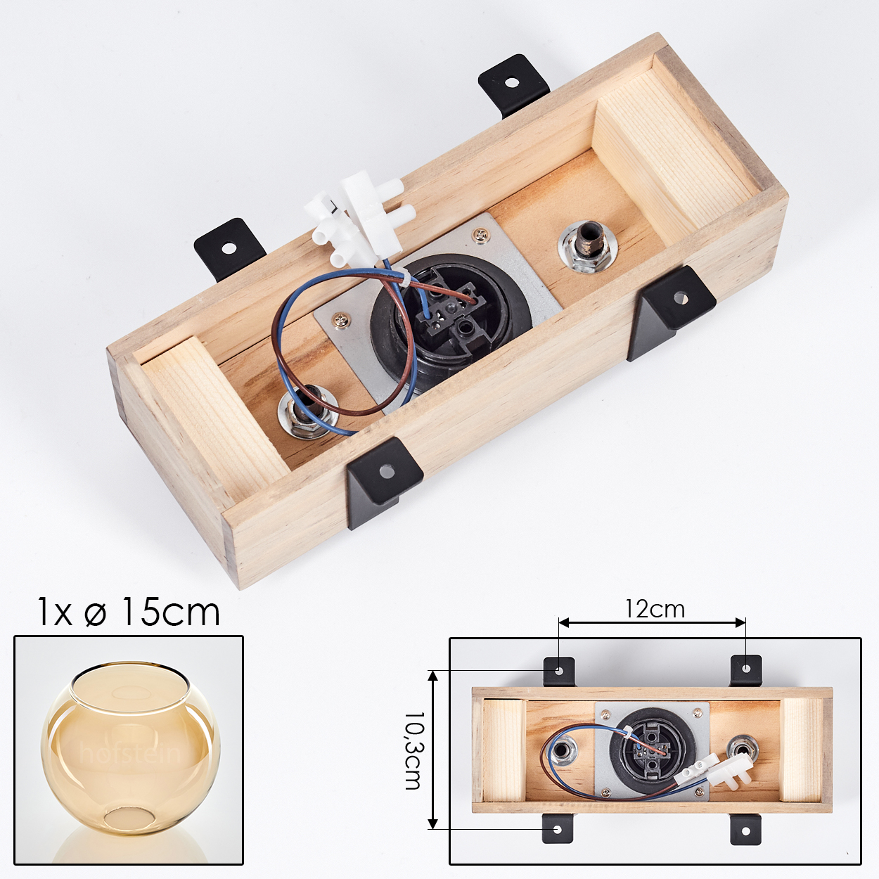 Holzleuchte mit elektrischen Komponenten. Eine Glasschale und Abmessungen sind ebenfalls dargestellt. Schwarze Halterungen sichern die Leuchte.