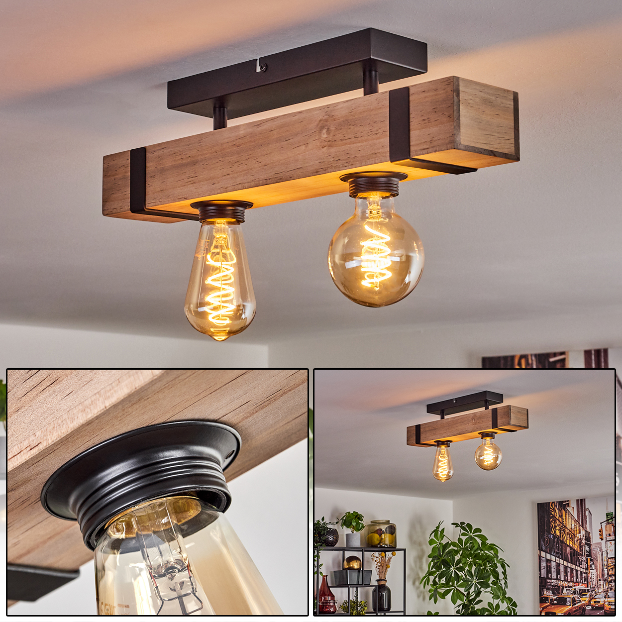 Deckenlampe mit Holzbalken, zwei Glühbirnen. Die Lampen leuchten, der Hintergrund ist weiß.