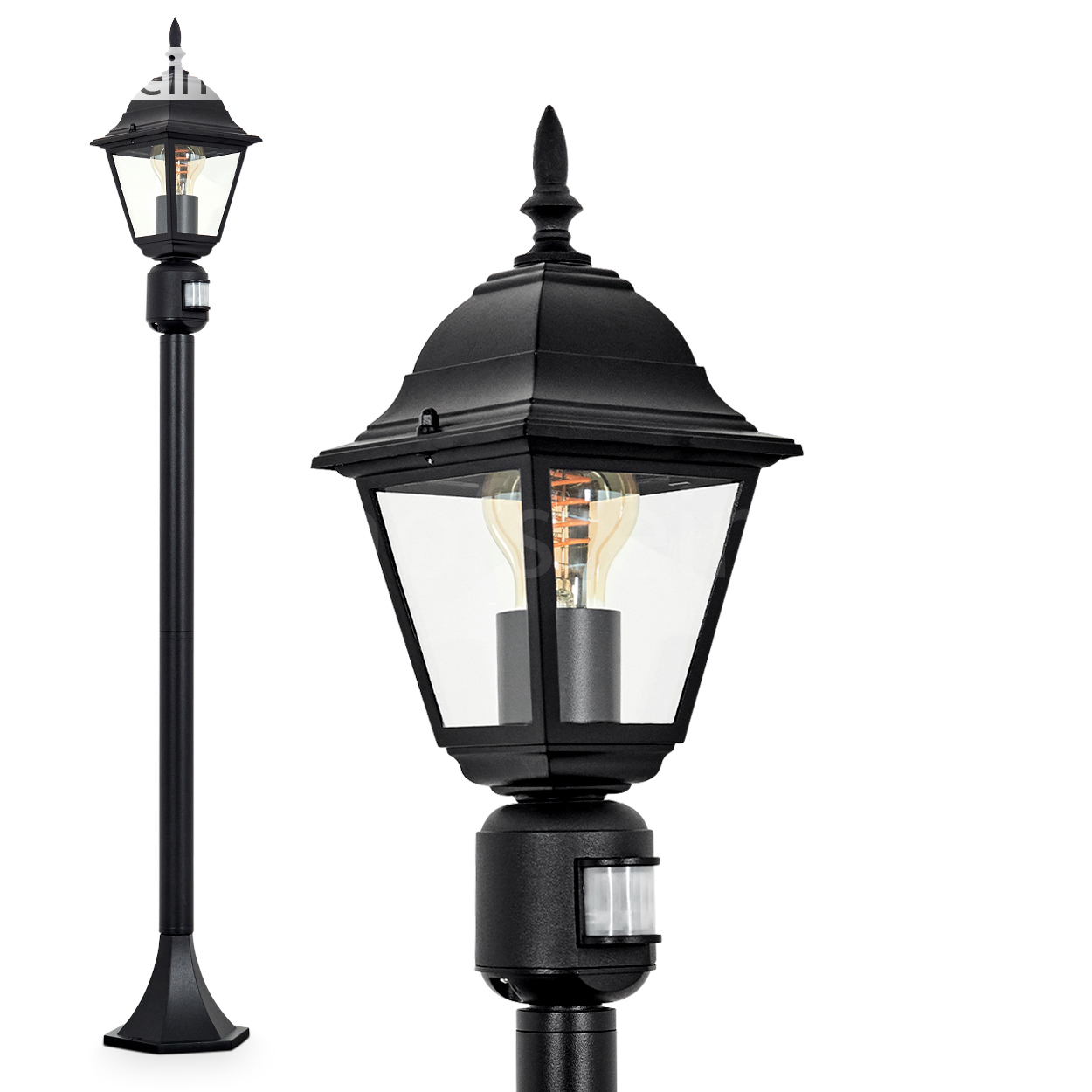 Eine schwarze Außenlaterne mit Glasgehäuse. Es hat eine Glühbirne im Inneren. Die Lampe hat einen Sensor.