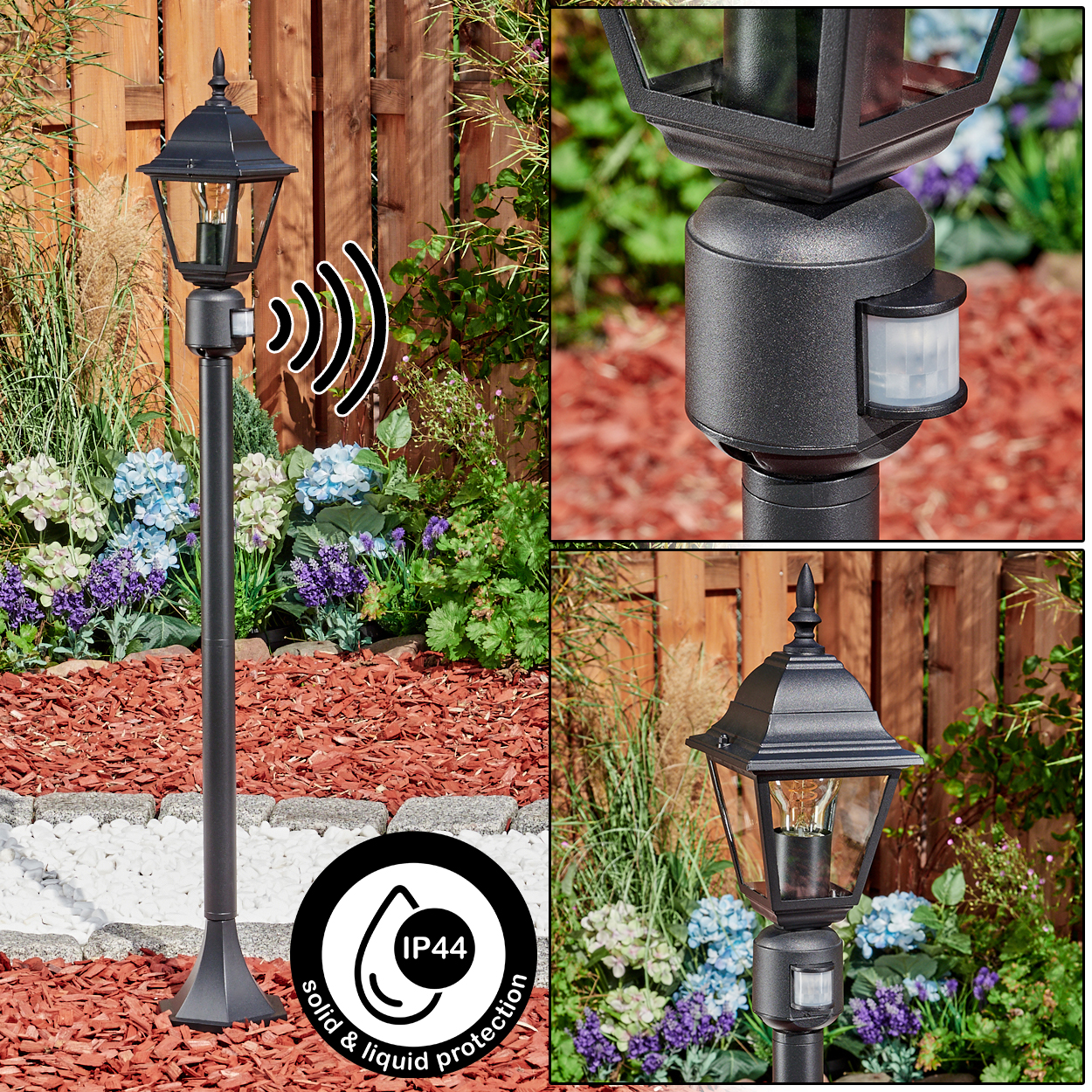 Schwarze Außenlampe mit Bewegungssensor, umgeben von Blumen und Mulch. Schutzart IP44 für Festkörper- und Flüssigkeitsschutz.