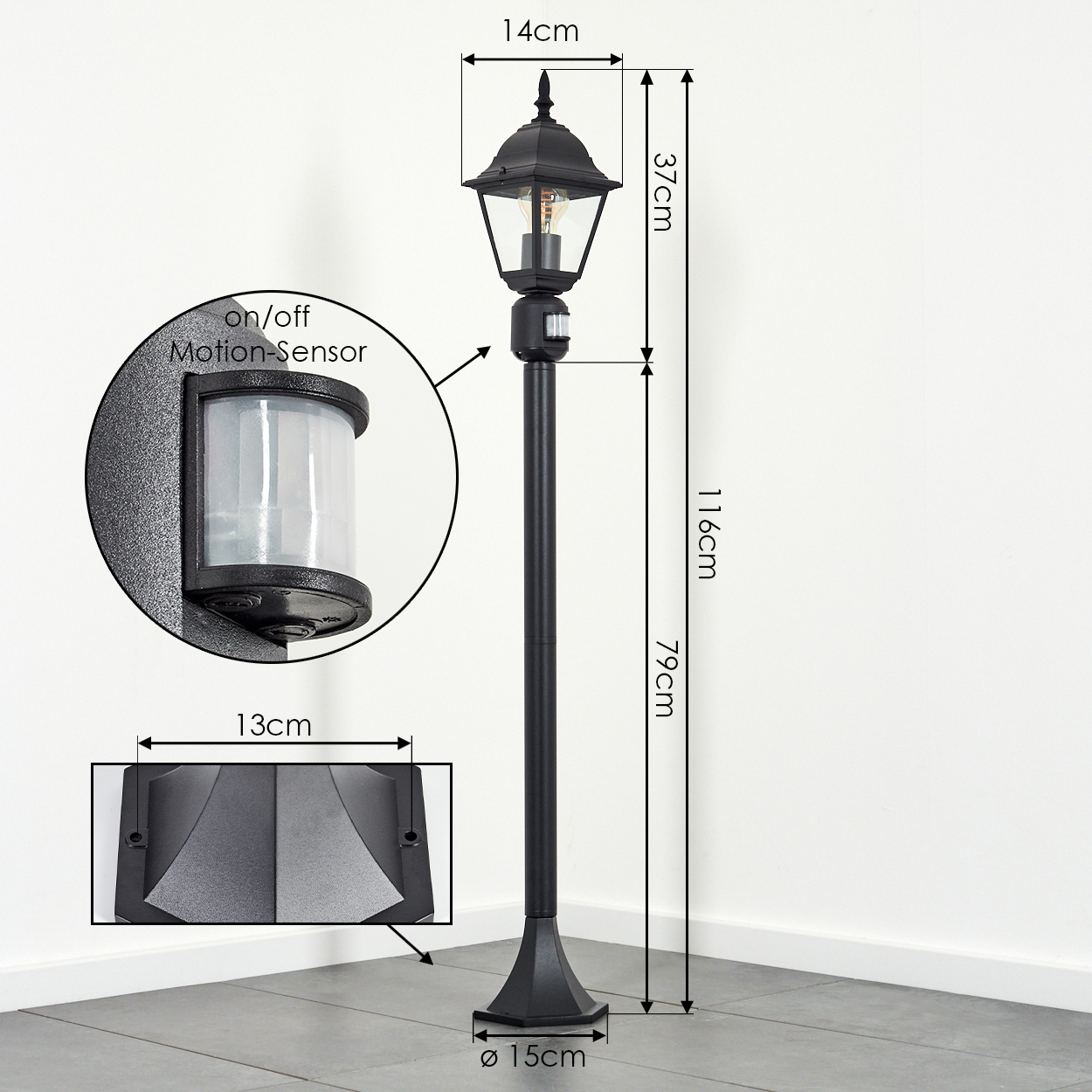Schwarze Außenlampe mit Bewegungssensor. Maße: 14x37x116cm, Sockel Ø15cm. Ausschnitte zeigen Sensor- und Basisdetails.