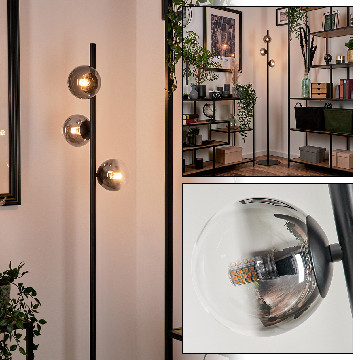 Eine moderne Stehlampe mit drei Glaskugeln. Im Hintergrund ein Regal mit Dekorationen und Pflanzen.