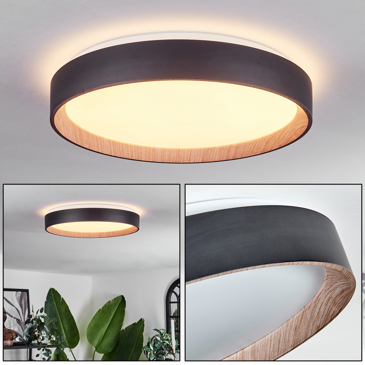 Eine moderne Deckenlampe mit schwarzem Rand und Holzakzent. Sie beleuchtet einen Raum mit warmem Licht, in drei verschiedenen Ansichten gezeigt.