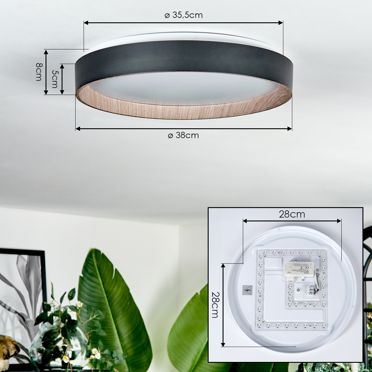 Eine runde Deckenleuchte mit schwarzen, holzmaserierten und weißen Elementen. Abmessungen: 38cm, 35,5cm, 8cm und 5cm. Nahaufnahme des LED-Panels.
