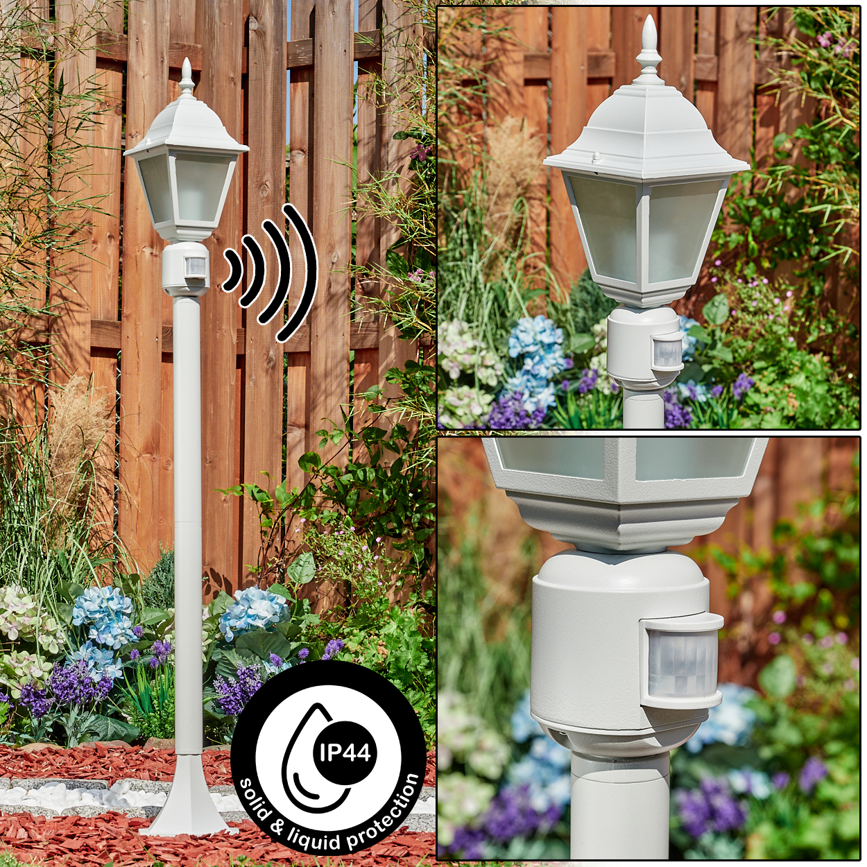 Eine weiße Außenlampe mit Bewegungssensor in einem Garten. Mit Holzzaun und IP44-Schutzsymbol.