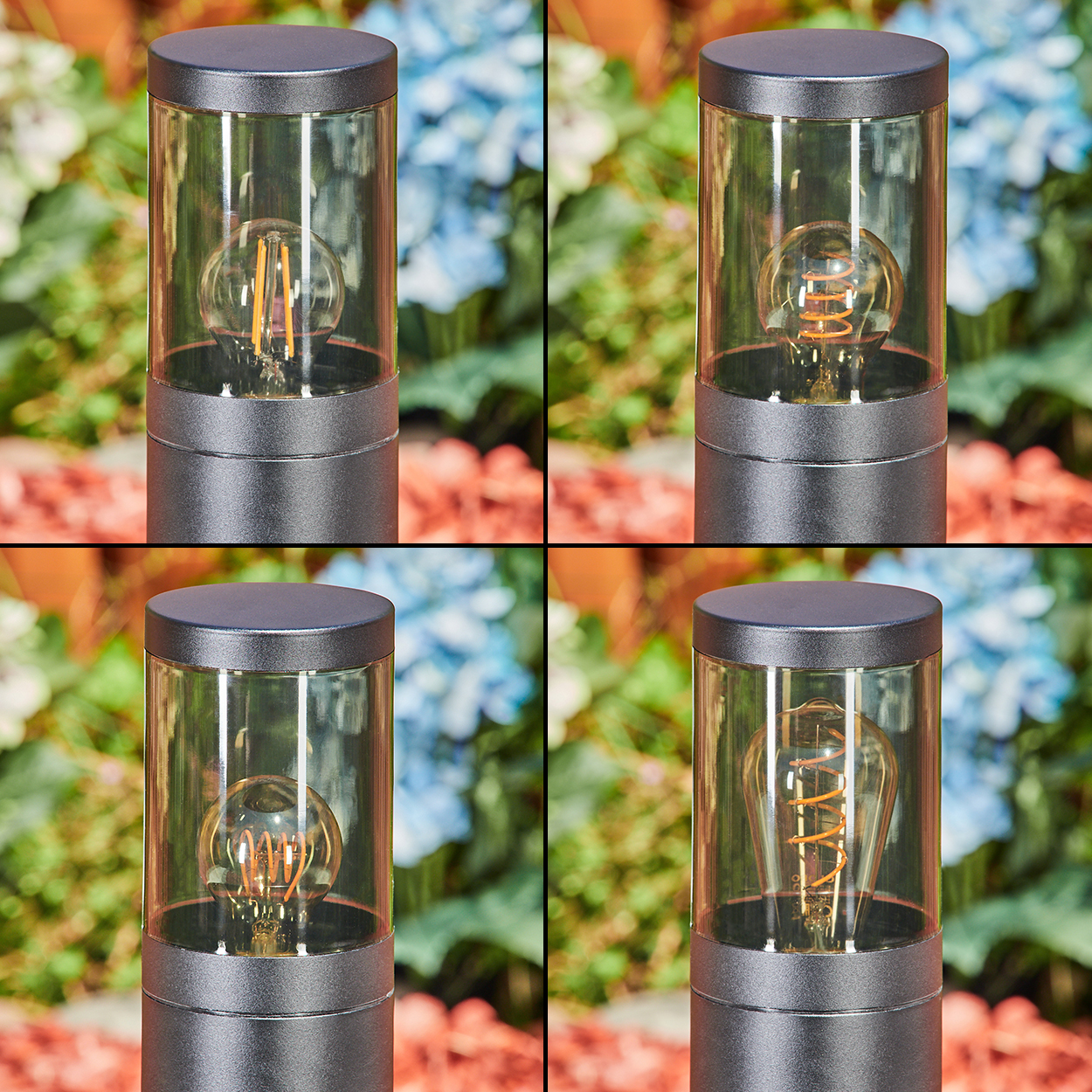 Vier Metall-Außenlampen mit unterschiedlichen Glühbirnendesigns. Hintergrund: verschwommenes grünes und blaues Laub.