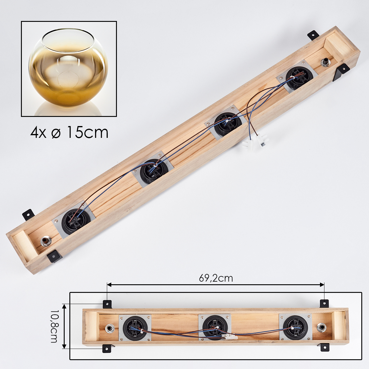 Eine Holzleuchte mit vier eingebauten Lichtern, einer Glasschale und markierten Abmessungen. Die Leuchte hat Drähte und Metallkomponenten.