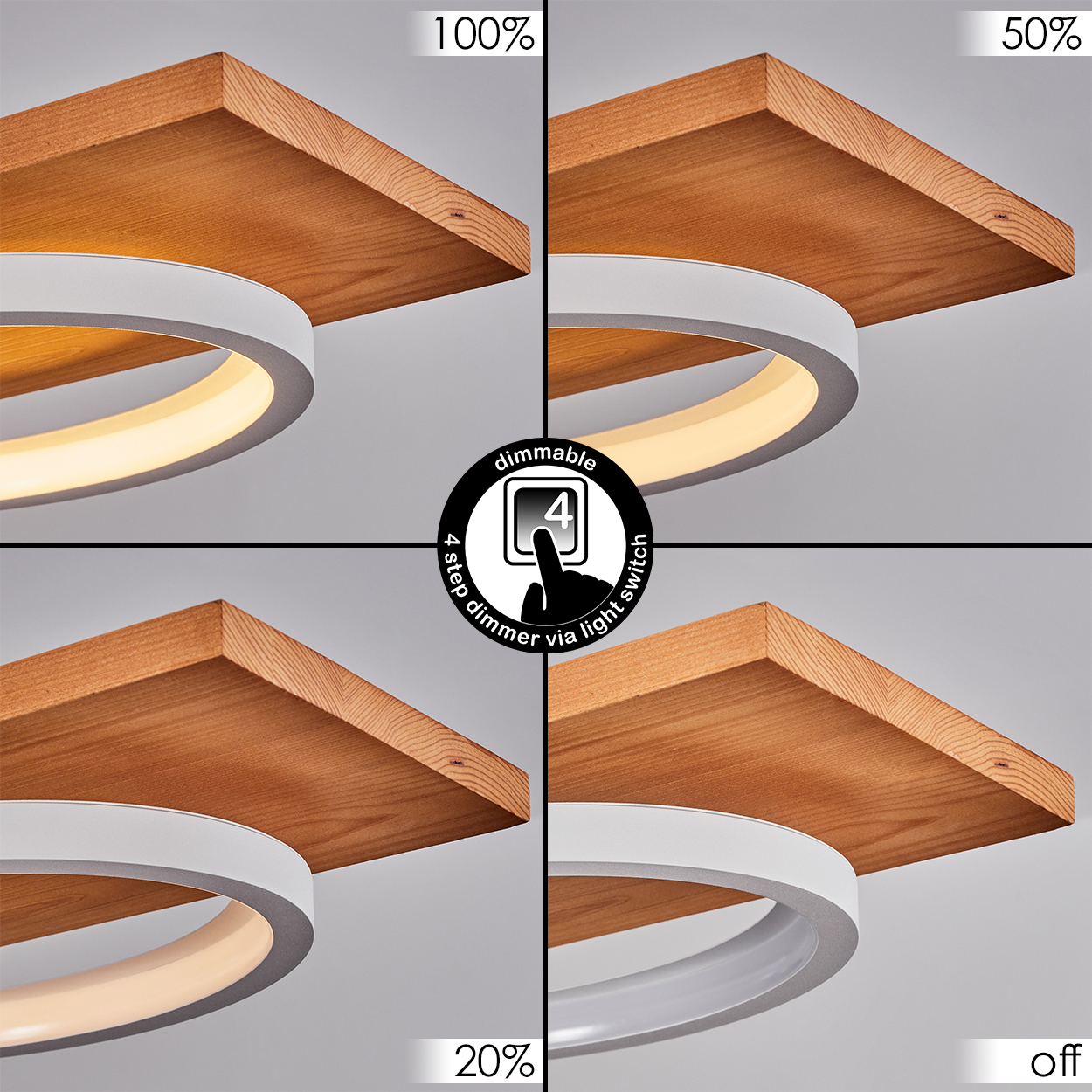 Eine Deckenleuchte mit Holzplatte und weißer, kreisförmiger Lichtquelle. Sie hat Dimmoptionen mit 100 %, 50 %, 20 % und Aus beschriftet.