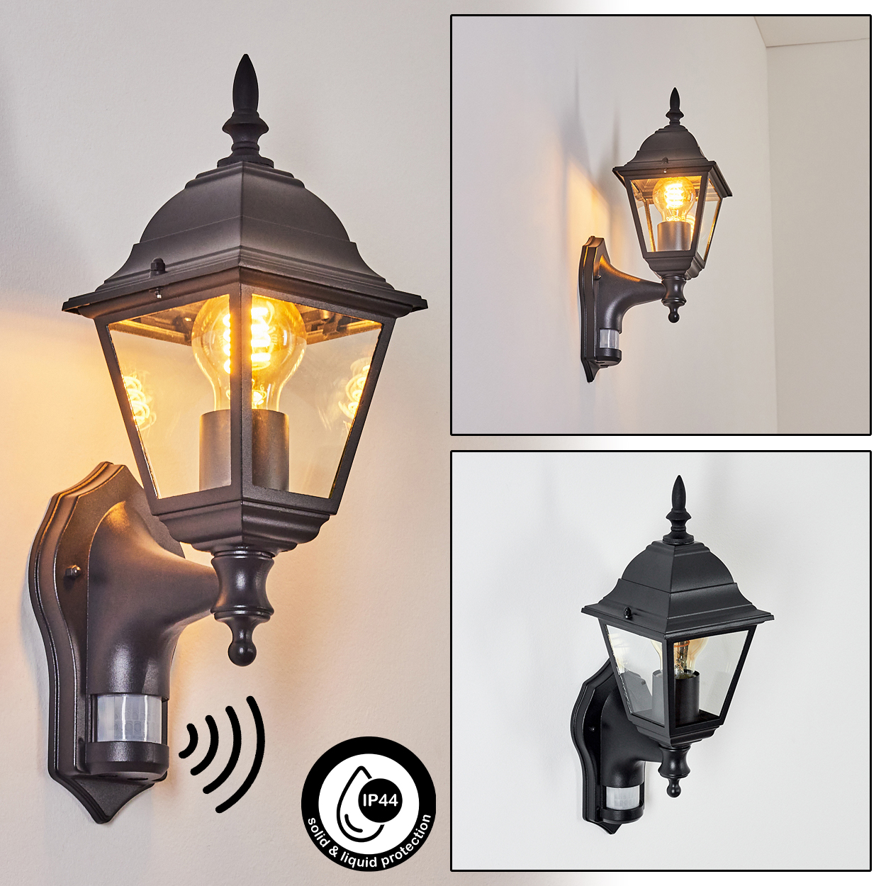 Eine schwarze Außenlampe mit Sensor. Sie hat einen Glasschirm, eine spitze Spitze und ist an einer weißen Wand montiert. Sie hat IP44-Schutz.
