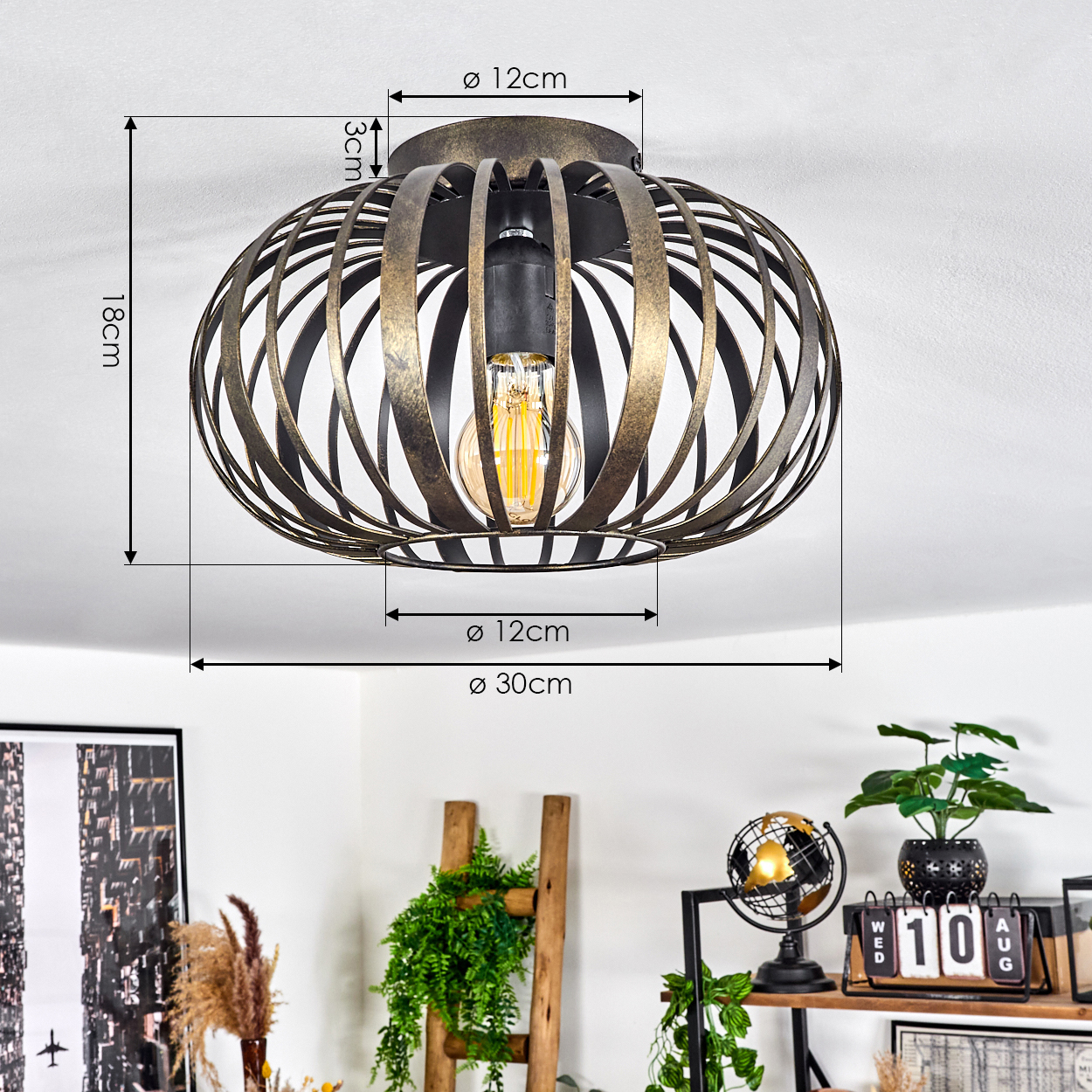 Eine bronzefarbene, käfigartige Deckenlampe wird gezeigt. Darunter befindet sich ein Raum mit Pflanzen, einem Globus und einem Kalender.