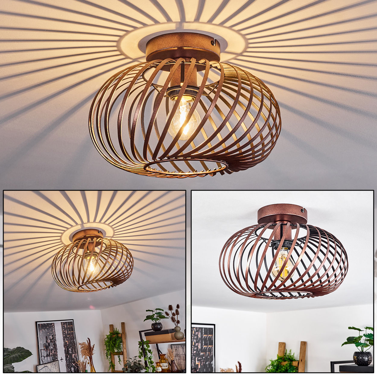 Eine Deckenleuchte mit Metallkäfig-Design. Sie wirft einen radialen Schatten auf die weiße Decke. Die Lampe ist eingeschaltet.