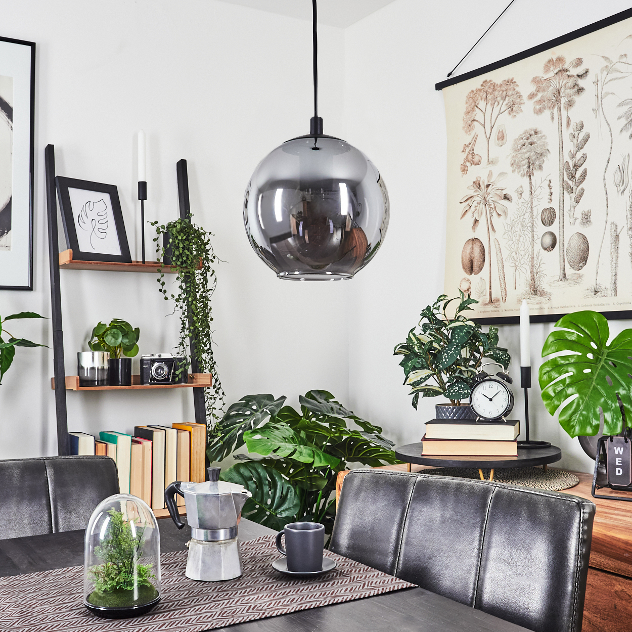 Ein Essbereich mit einer großen, reflektierenden Kugel-Leuchte. Pflanzen, Bücher und Kaffee auf dem Tisch. Eine botanische Tafel an der Wand.