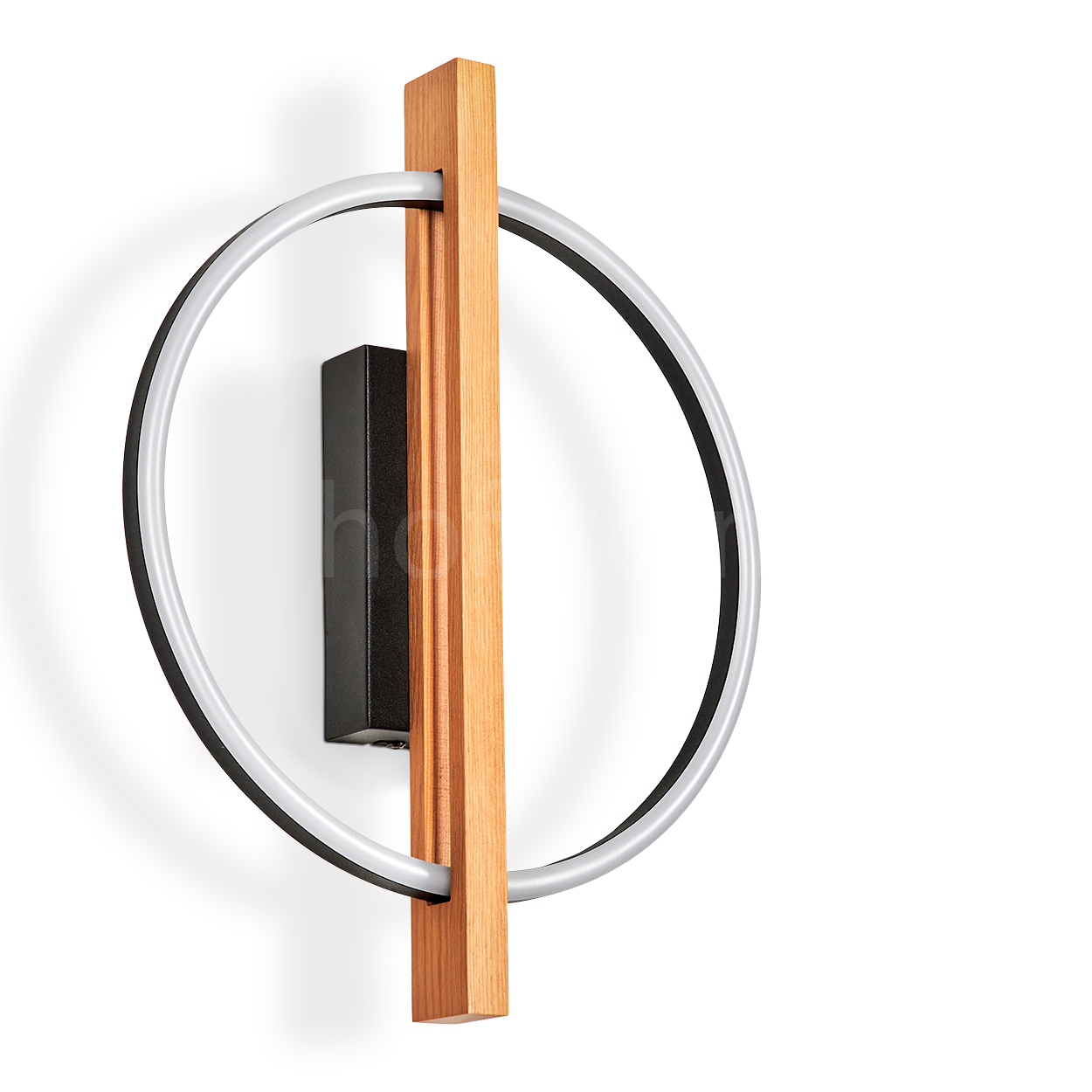 Eine moderne Wandlampe. Sie hat einen vertikalen Holzstab, eine schwarze rechteckige Basis und eine kreisförmige Leuchte mit weißem Glanz.