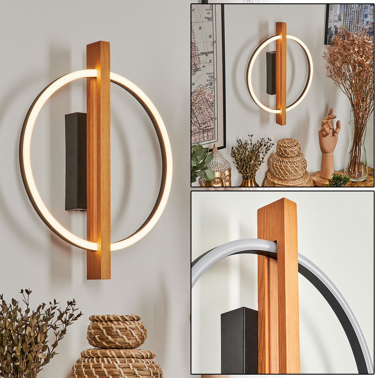 Eine Wandlampe mit Holzpfosten und Leuchtring ist an einer weißen Wand montiert. Es gibt eine Karte, eine Buddha-Statue und Körbe.