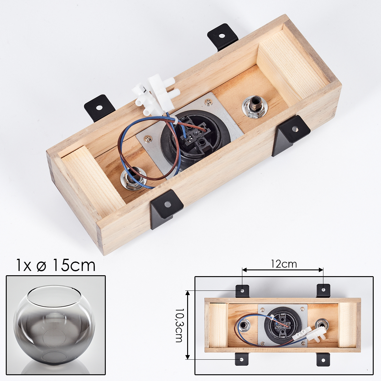 Holzlampensockel mit elektrischen Komponenten. Enthält ein Glasbild und Maßangaben. Schwarze Halterungen sichern den Rahmen.