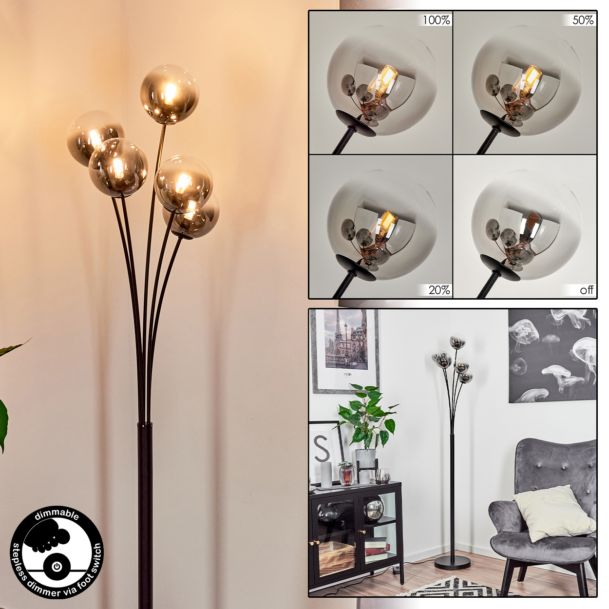 Eine Stehlampe mit fünf Glaskugelschirmen. Sie verfügt über eine Dimmfunktion und wird in einer Raumeinstellung mit Möbeln gezeigt.