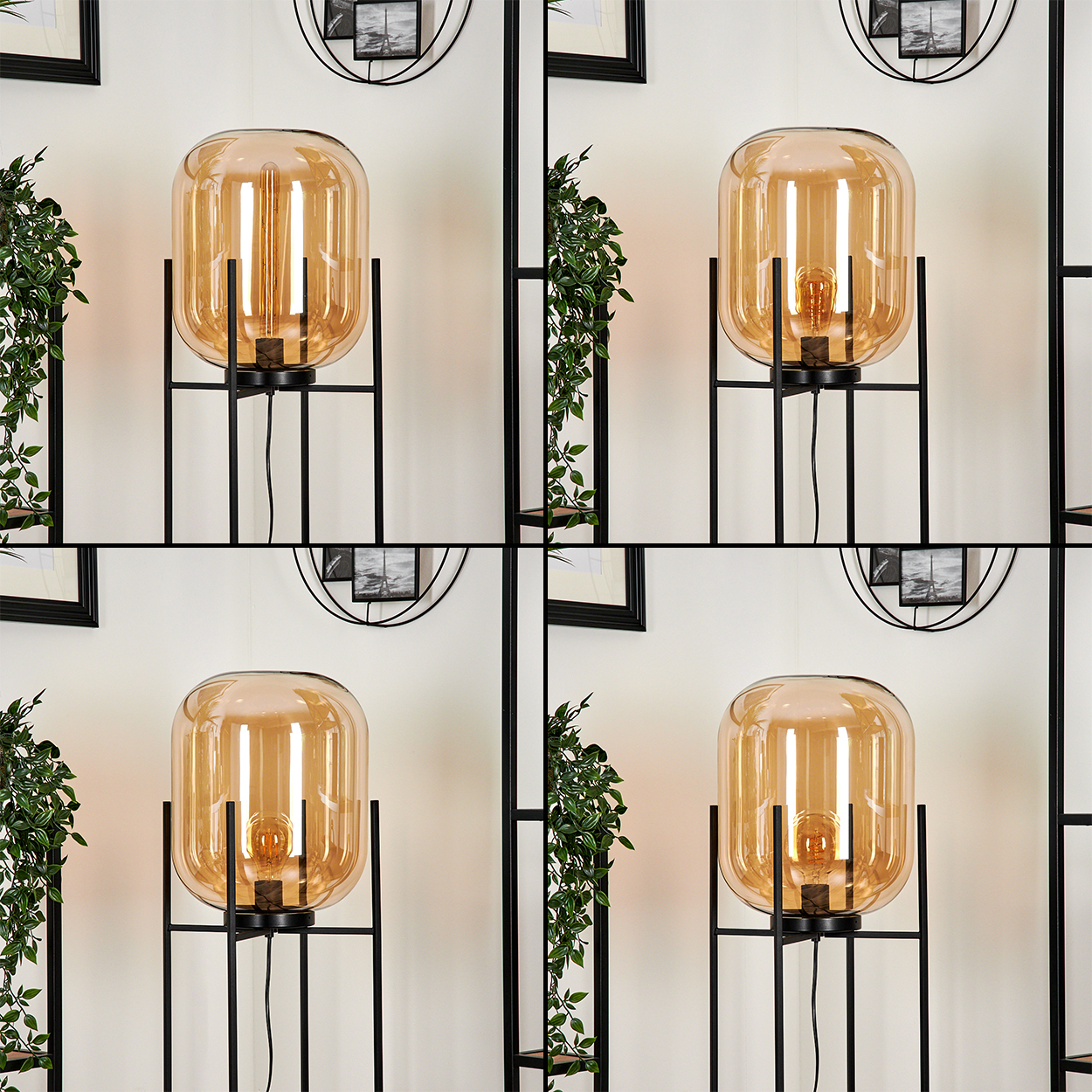 Eine moderne Stehlampe mit bernsteinfarbenem Glasschirm, schwarzem Metallrahmen und sichtbarer Glühbirne. Grüne Pflanzen und gerahmte Kunst.