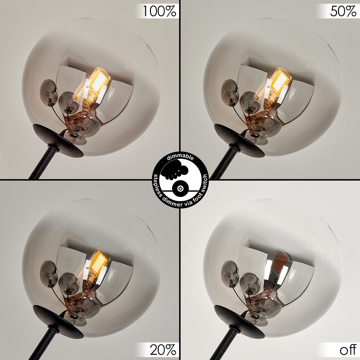 Eine moderne Lampe mit Glaskugel, die verschiedene Dimmstufen von 100% bis aus zeigt. Sie hat einen schwarzen Sockel und einen Fußschalter.