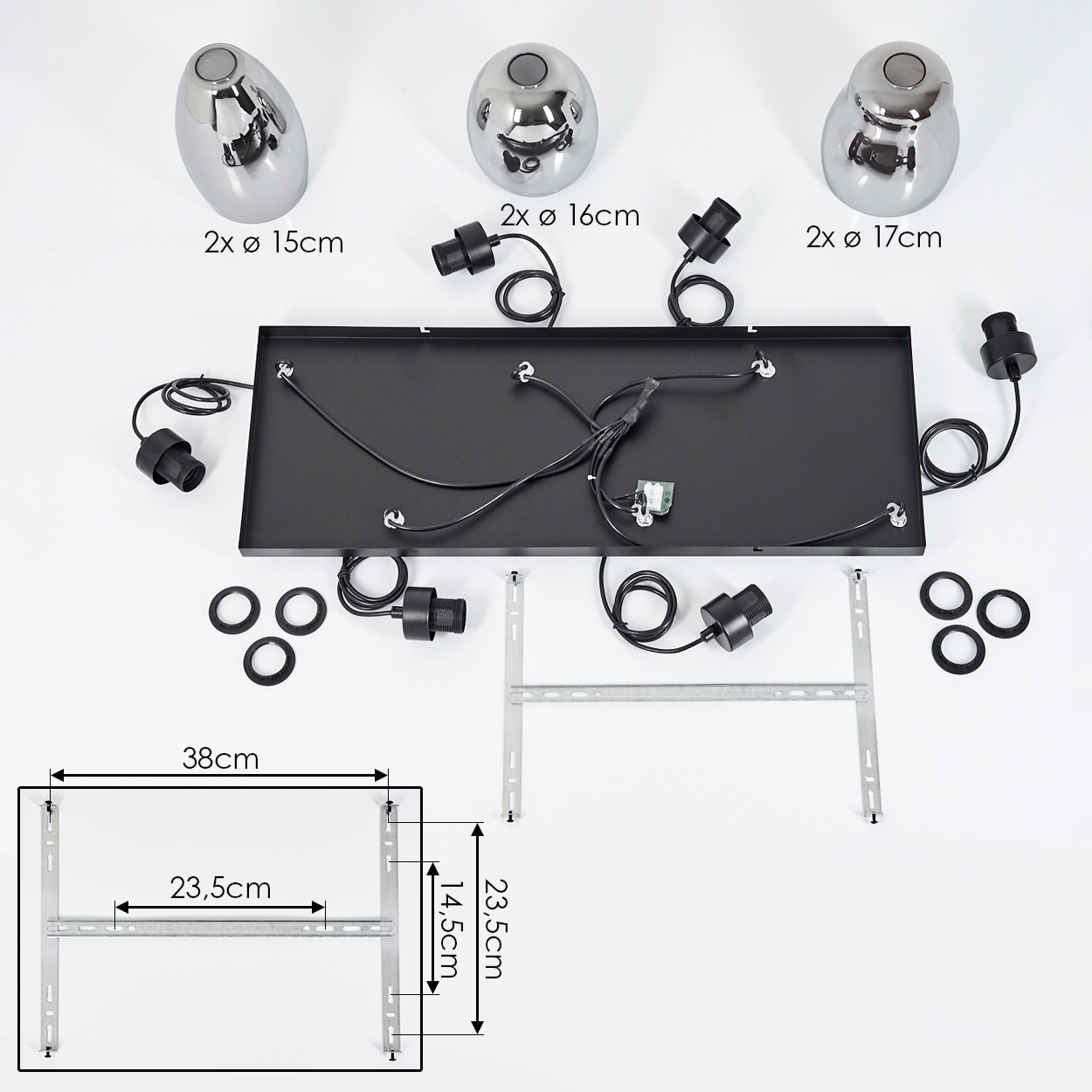 Draufsicht auf Lampenteile. Enthält Chromschirme, schwarze Armaturen, eine schwarze rechteckige Basis und Metallhalterungen. Abmessungen sind angegeben.