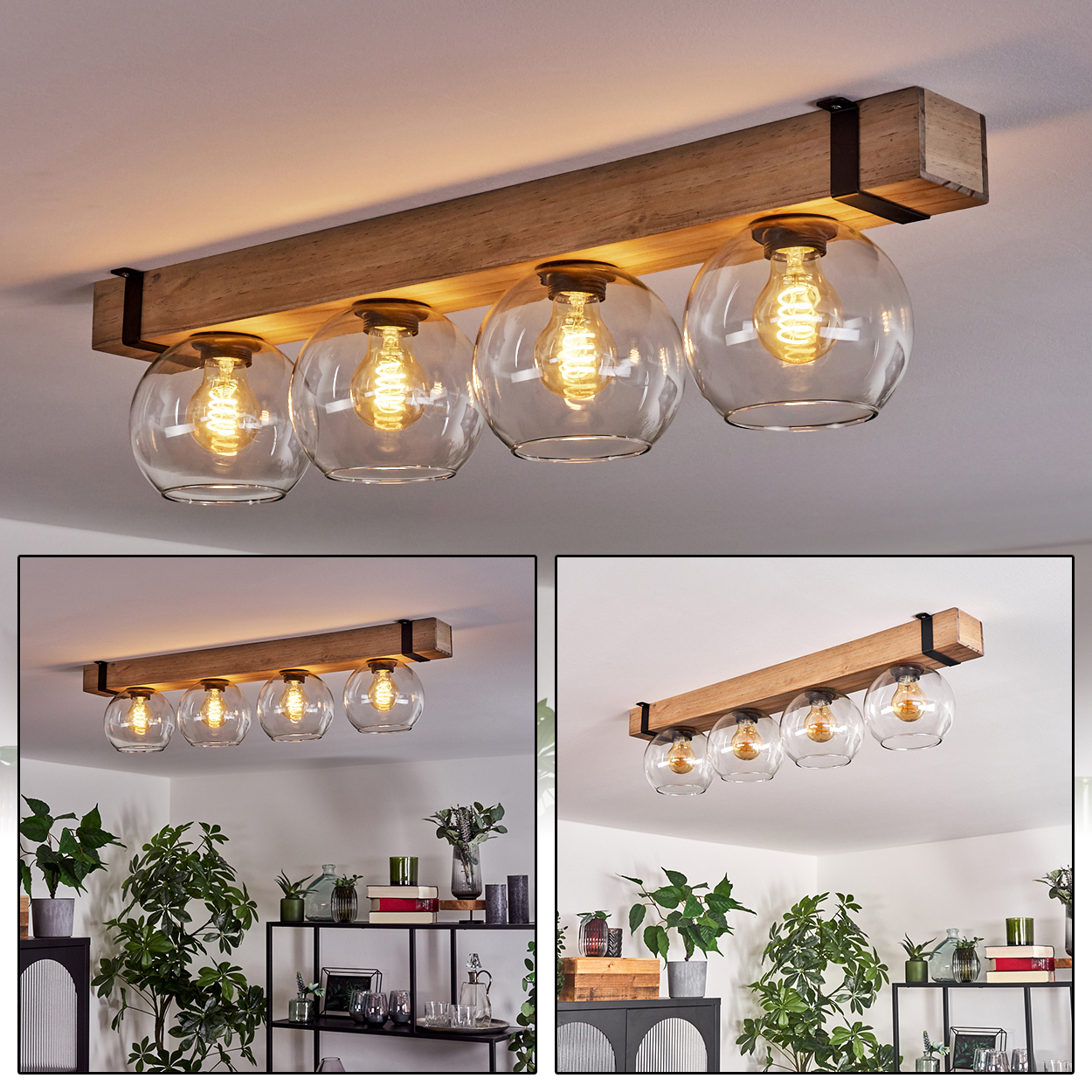 Eine Deckenlampe aus Holzbalken mit vier Glaskugelschirmen, jede mit einer sichtbaren Glühbirne. Die Lampe ist an einer weißen Decke montiert.