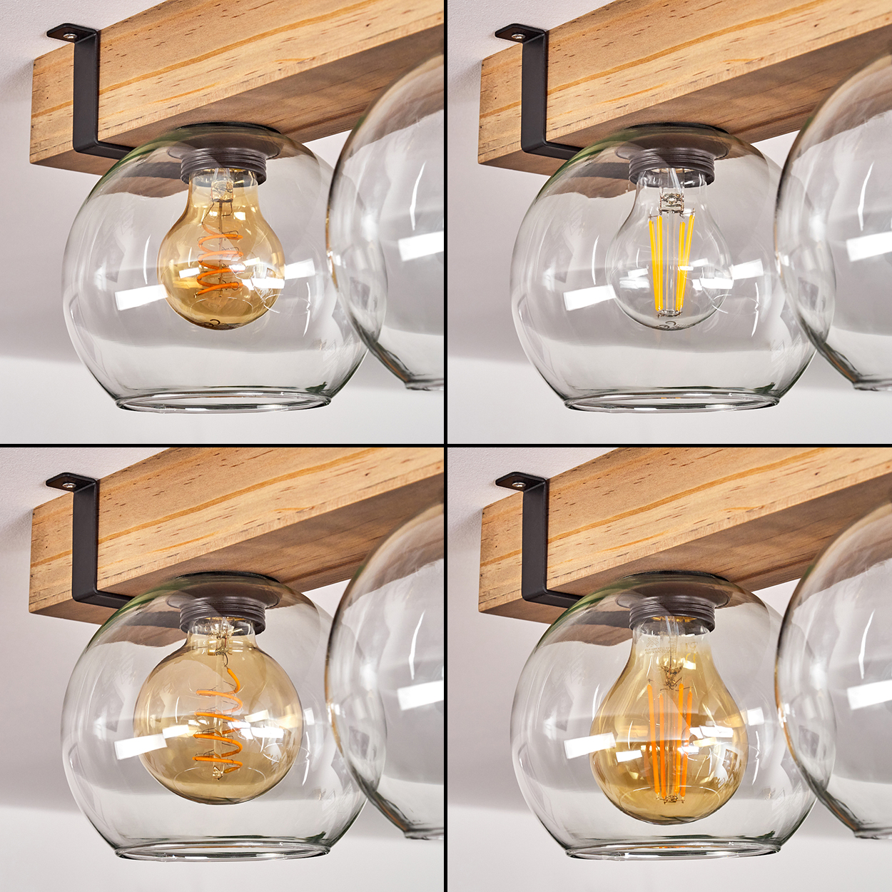 Nahaufnahme von vier Pendelleuchten aus Glas mit Holzbalken. Jede hat eine andere Art von Glühbirne.