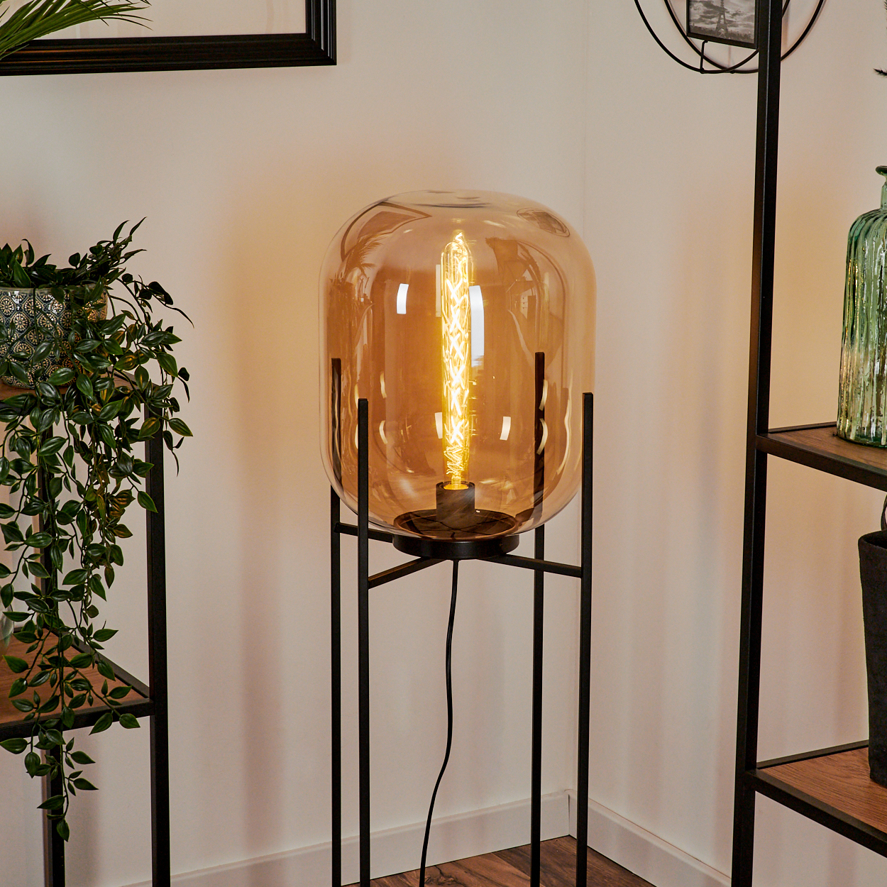 Eine Stehlampe mit großem bernsteinfarbenem Glasschirm und sichtbarer Glühbirne. Sie steht auf einem schwarzen Metallständer. Regale mit Pflanzen sind zu sehen.