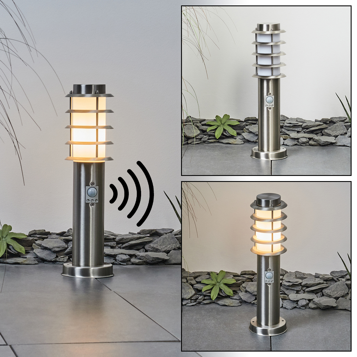 Eine silberne Außenlampe mit Sensor. Sie hat eine zylindrische Form und eine geschichtete Oberseite. Der Hintergrund hat Pflanzen und Stein.
