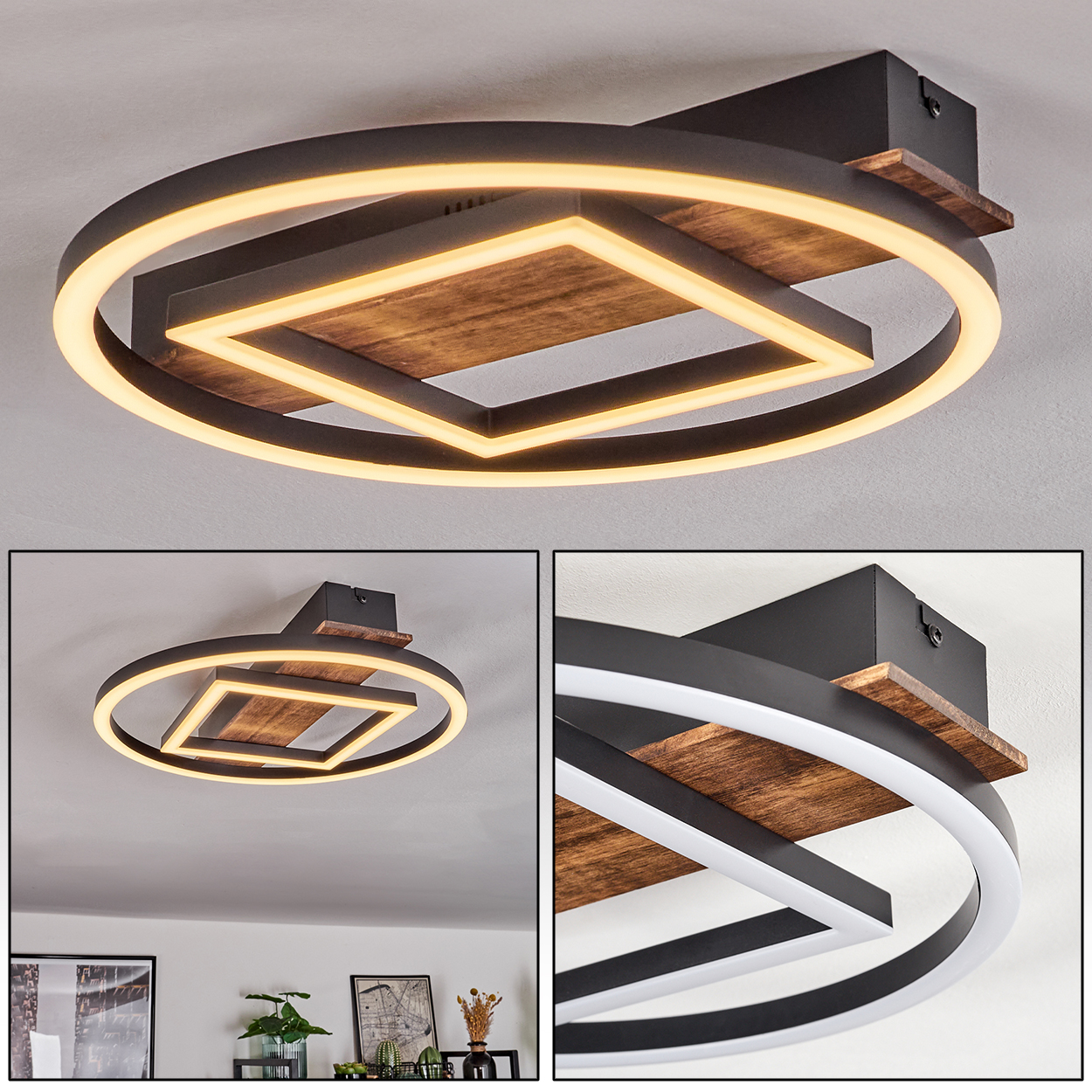 Moderne Deckenlampe mit Holz- und Schwarzdesign, mit kreisförmigem und quadratischem Licht.