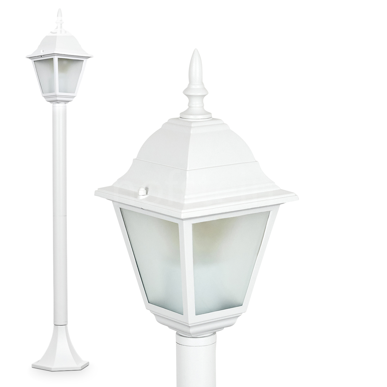 Eine weiße Außenlaterne mit klassischem Design vor weißem Hintergrund. Nahaufnahme zeigt Details der Lampe.