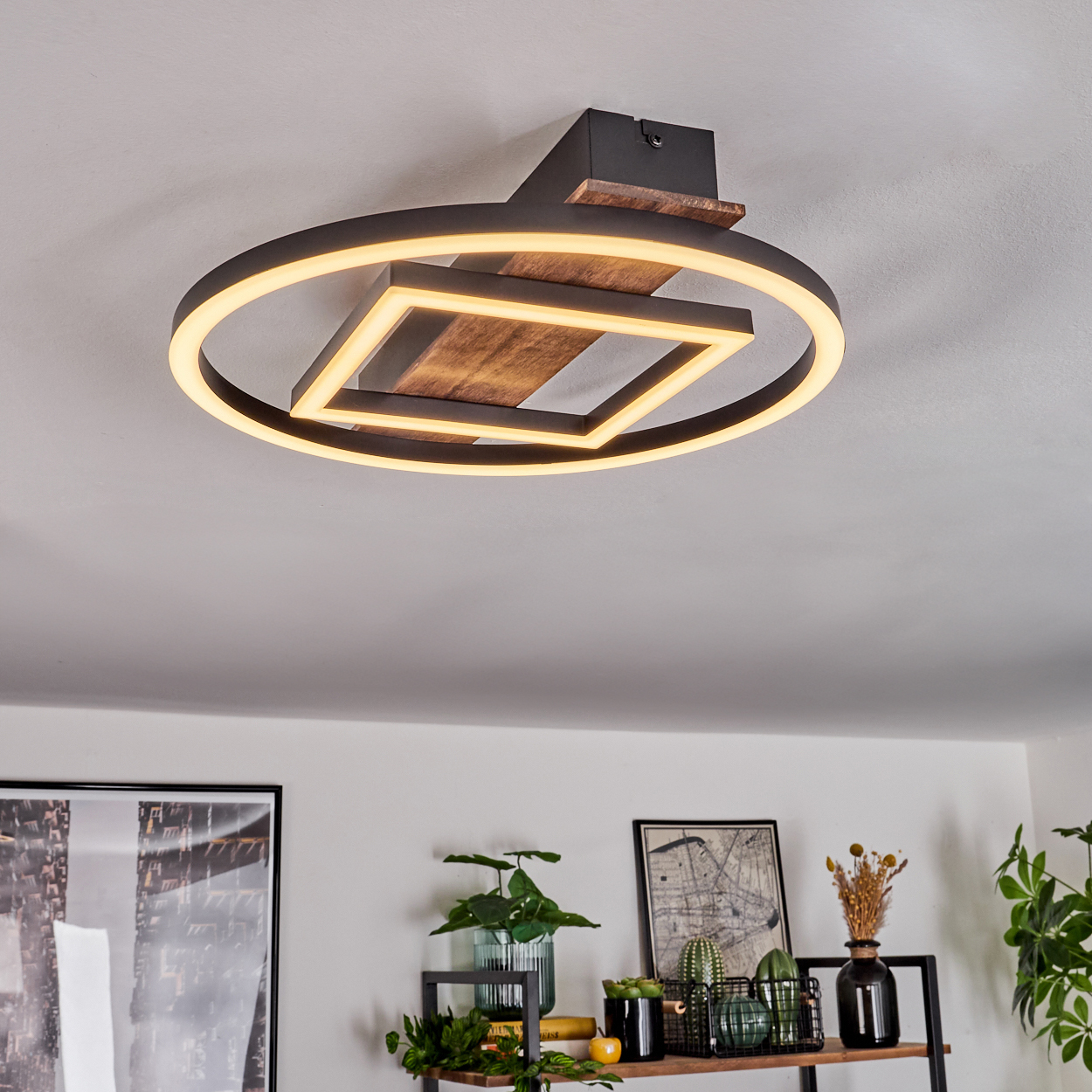 Eine moderne Deckenleuchte mit kreisförmigem und quadratischem Design. Die Leuchte hat Holz- und schwarze Akzente. Darunter ein Regal mit Pflanzen und Dekoration.