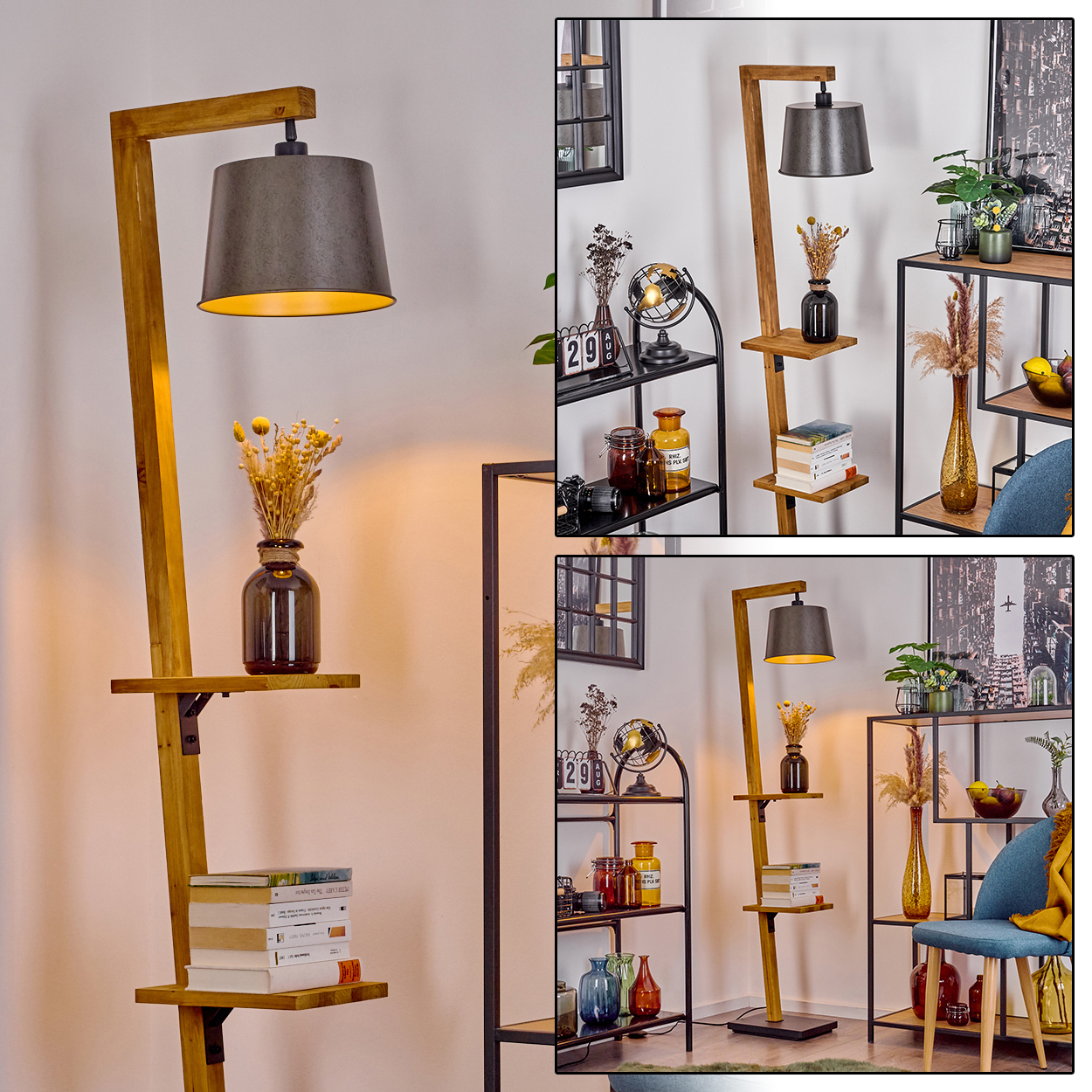 Eine hölzerne Stehlampe mit grauem Lampenschirm. Regale halten Bücher und Vasen. Zusätzliche Dekoration umfasst Regale, einen Stuhl und verschiedene Gegenstände.