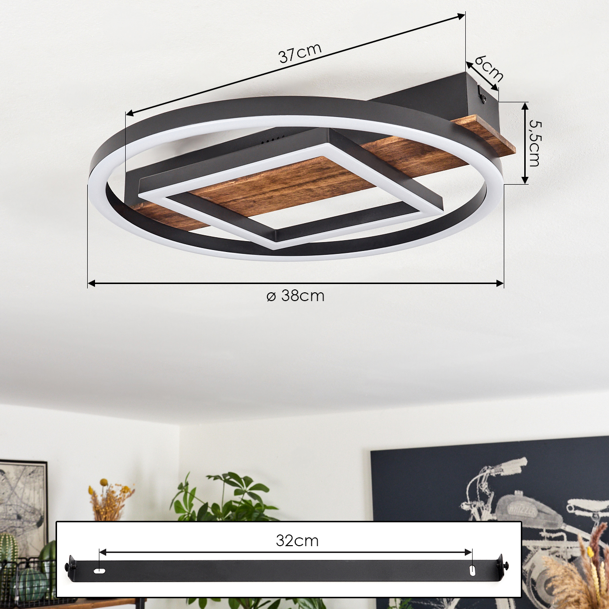 Eine Deckenleuchte mit rundem Design, schwarzem Rahmen, weißer LED und Holzakzenten. Maße: 37 cm, 38 cm, 6 cm, 5,5 cm und 32 cm.