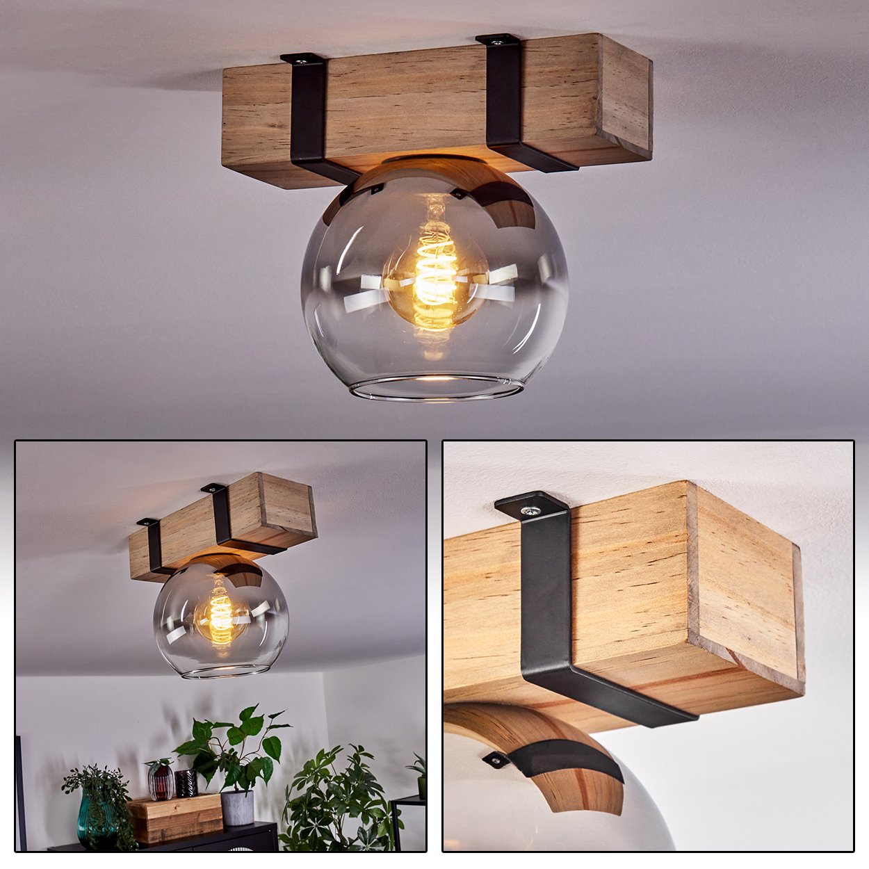 Deckenleuchte mit Holzbalken, Glaskugel und sichtbarer Glühbirne. Schwarze Metallhalterungen halten die Lampe. Weißer Hintergrund.