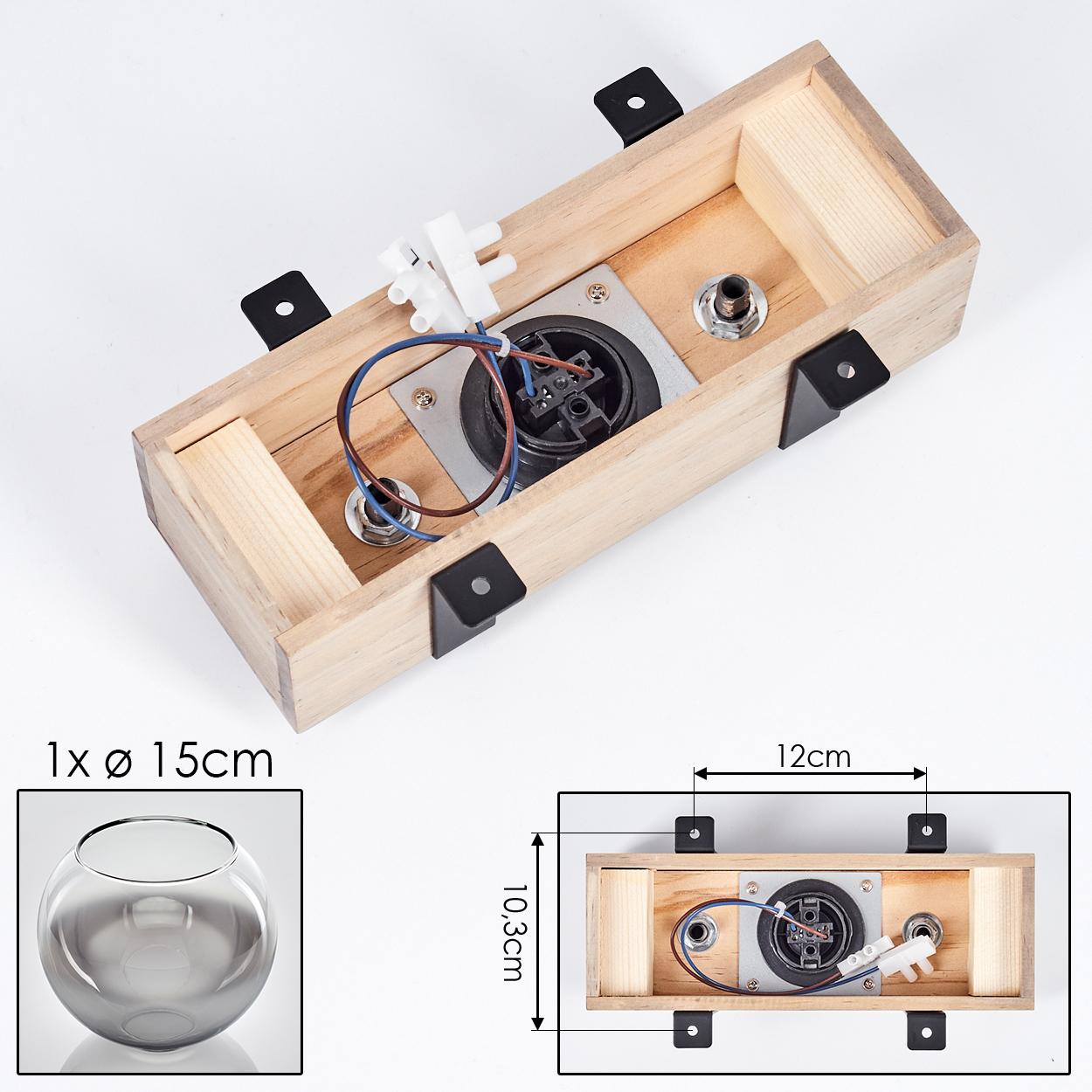 Holzkasten mit elektrischen Komponenten, Metallhalterungen und einer Glasschale auf weißem Untergrund. Abmessungen angegeben.