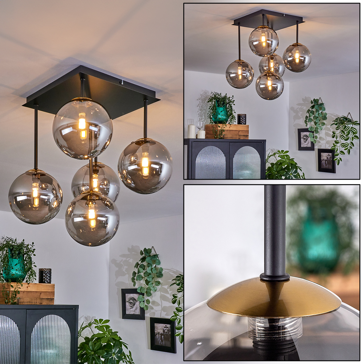 Eine moderne Deckenleuchte mit rauchigen Glaskugeln, beleuchtet. Pflanzen, Bilder und ein Schrank im Hintergrund.