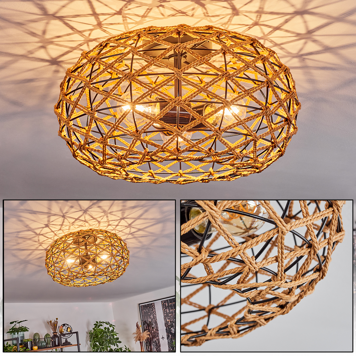 Eine gewebte Seil-Kronleuchter hängt von der Decke. Das Licht wirft einen Schatten an die Decke. Der Kronleuchter hat zwei sichtbare Glühbirnen.