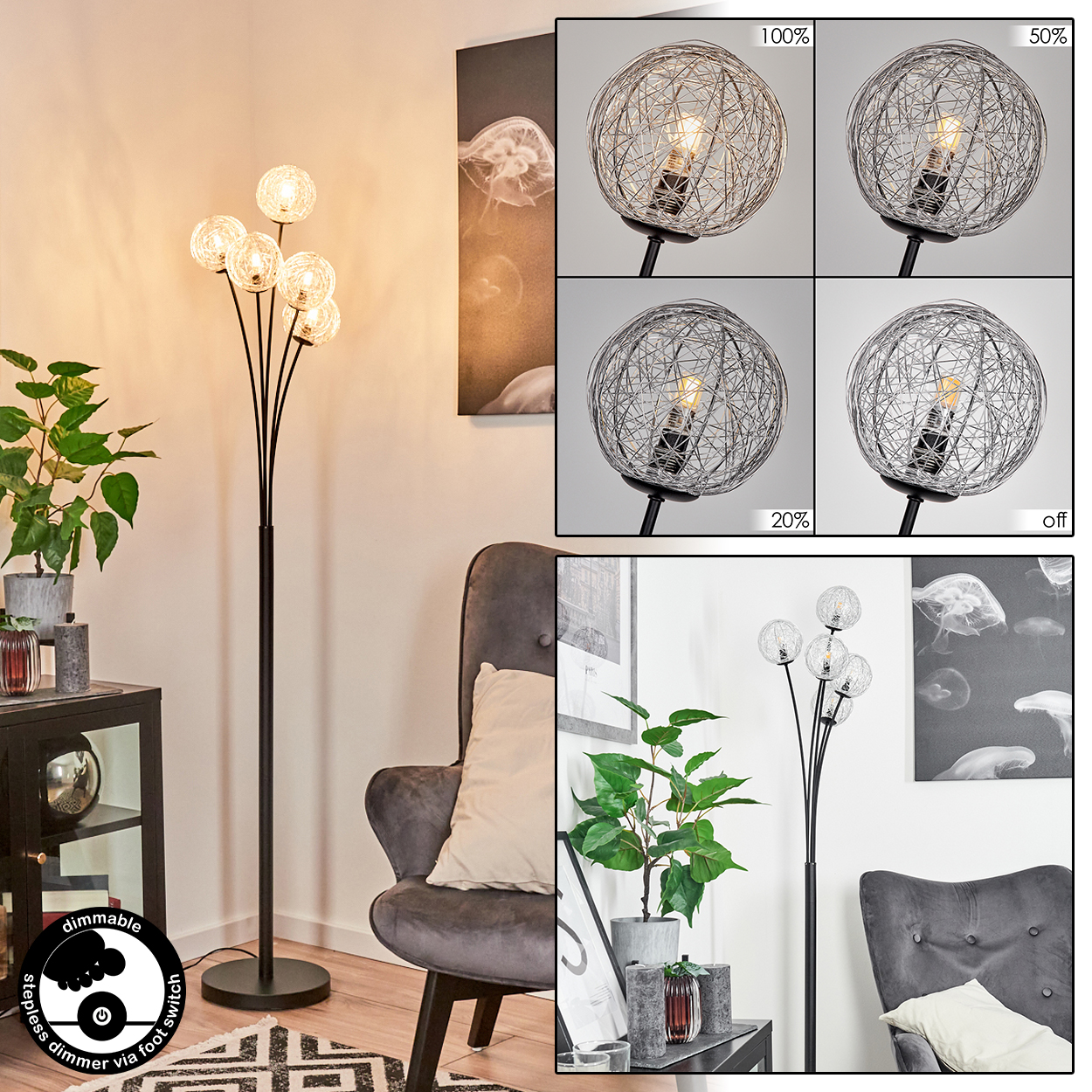 Eine moderne Stehlampe mit Kugelleuchten, einem schwarzen Rahmen und einem Dimmschalter. Das Bild zeigt auch verschiedene Lichtintensitäten.