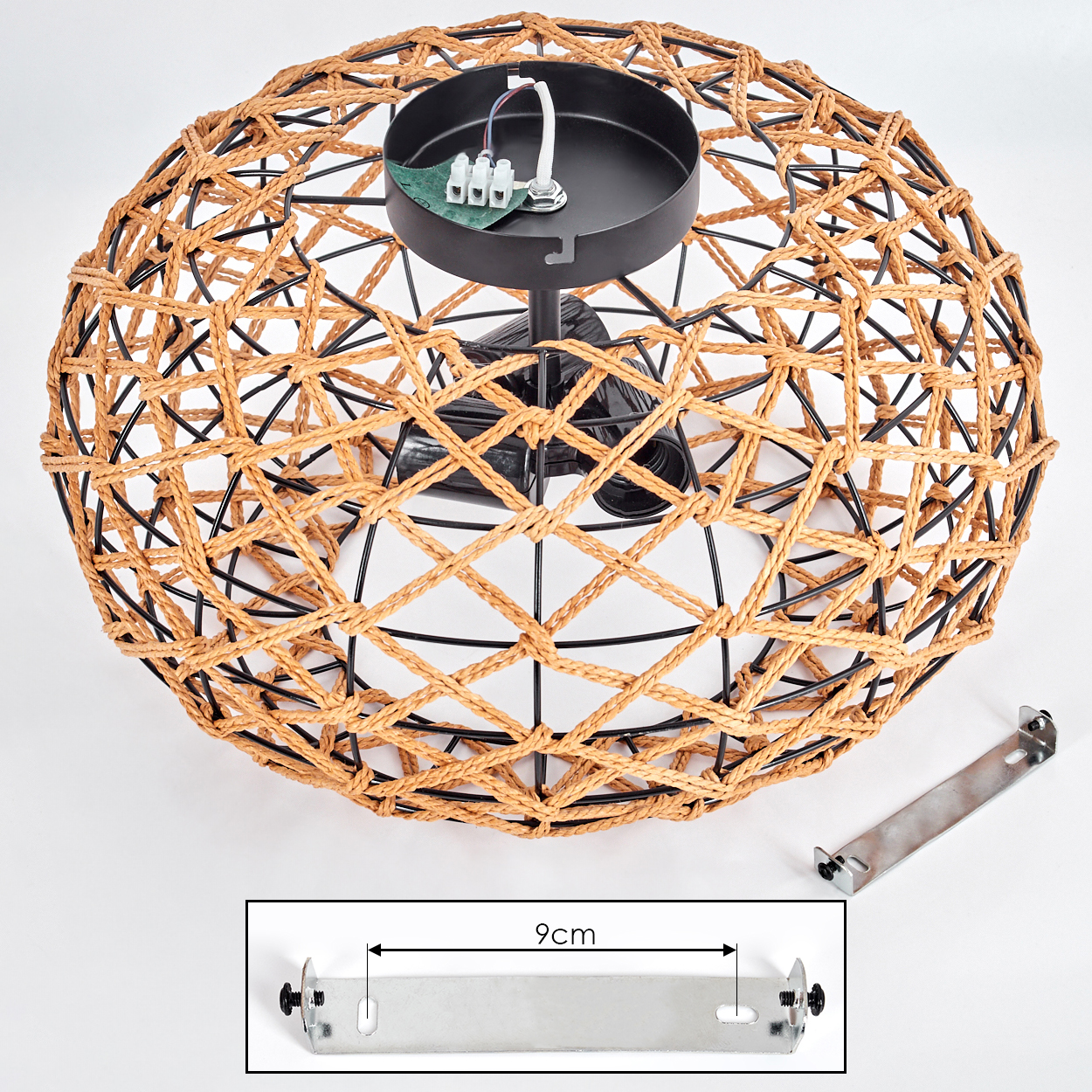 Gewebter Lampenschirm mit Metallrahmen, schwarzer Halterung und 9 cm Metallhalterung. Drähte und elektrische Komponenten sichtbar.