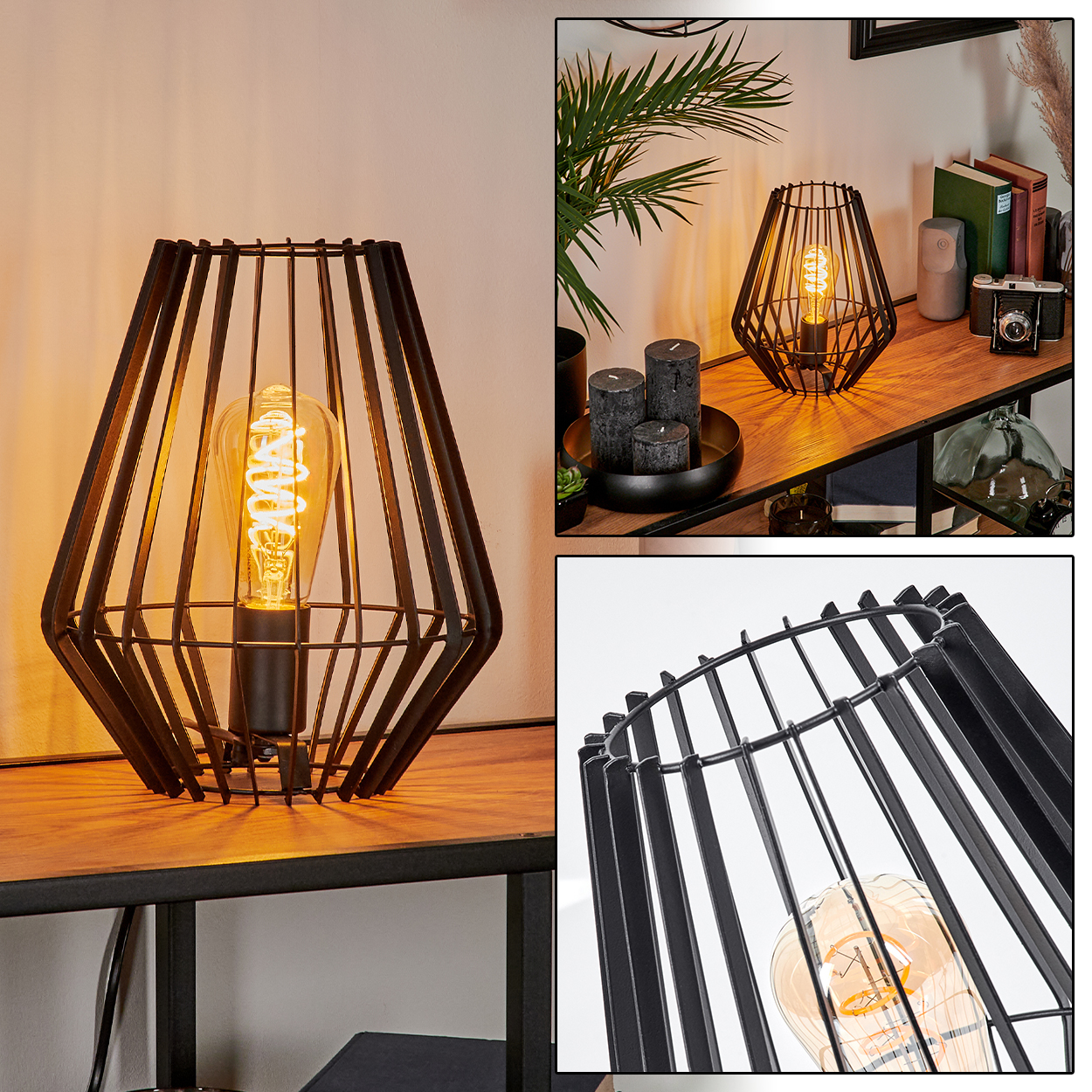 Eine schwarze geometrische Lampe mit einer Wendelglühbirne steht auf einem Holzregal. Im Hintergrund befinden sich weitere Dekorationsartikel.