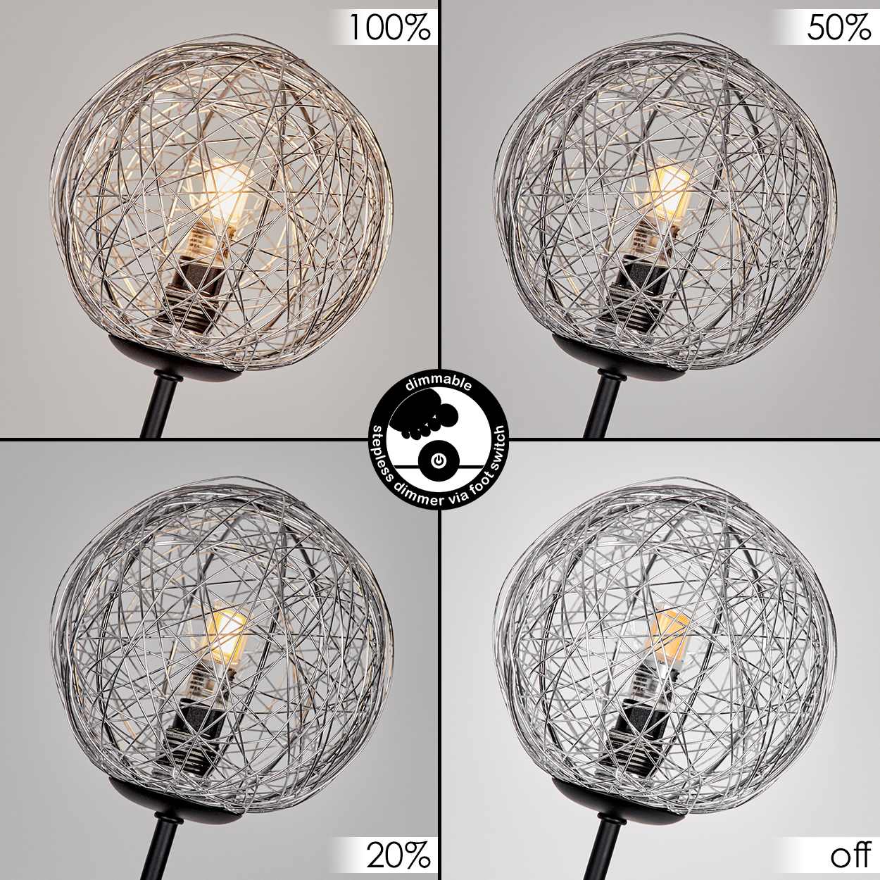 Eine dimmbare Lampe mit Drahtkugel-Schirm, dargestellt mit 100 %, 50 %, 20 % Helligkeit und ausgeschaltet. Fußschalter.