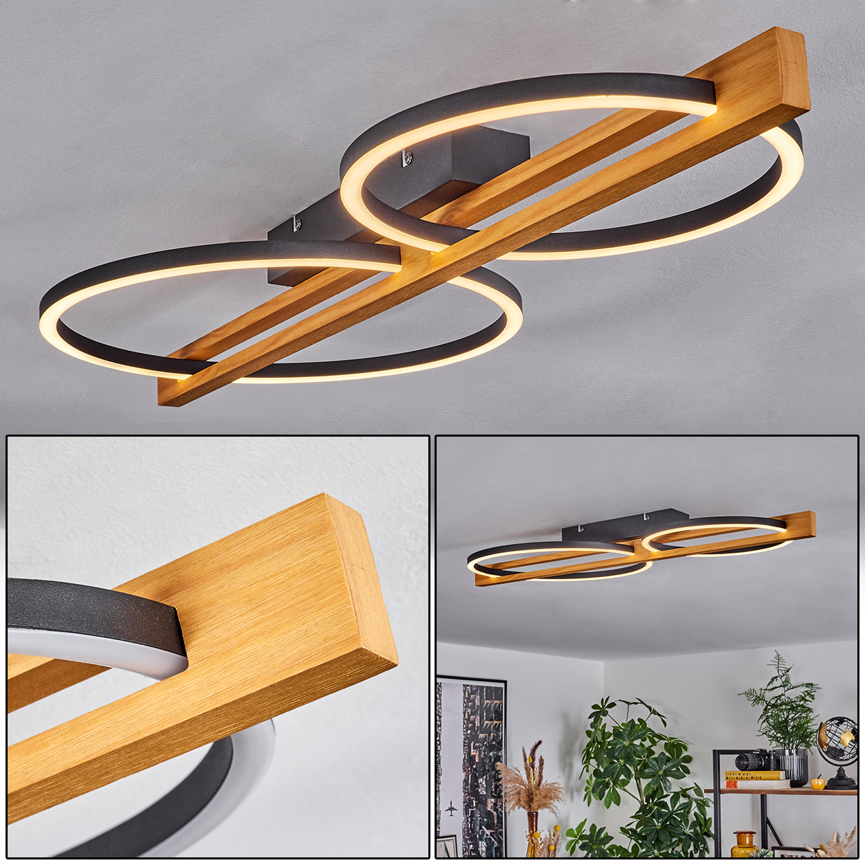 Eine moderne Deckenlampe mit zwei schwarzen, ringförmigen Lichtern und Holzbalken. Die Lampe ist an einer weißen Decke montiert.