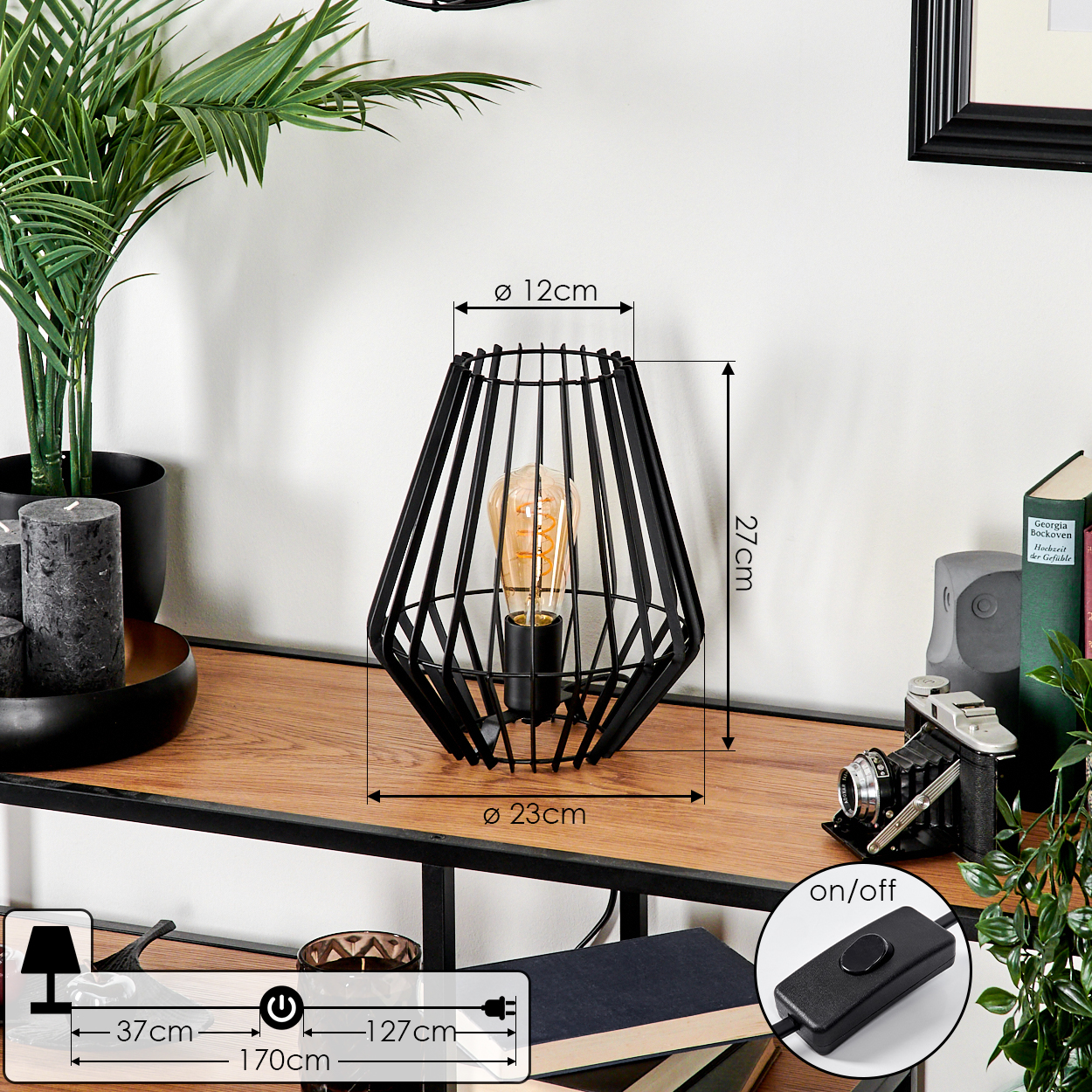 Eine schwarze Metalllampe mit Glühbirne auf einem Holztisch mit Büchern, einer Kamera und Pflanzen.