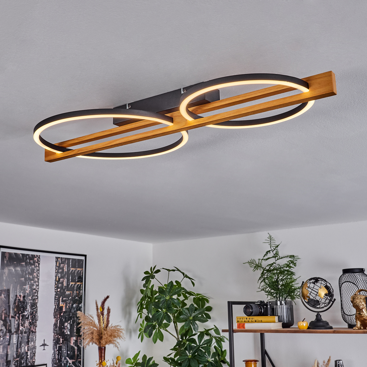 Deckenleuchte mit kreisförmigen Lichtern, Holzbalken und Pflanzen darunter. Schwarzer Rahmen und Holzelemente. Weiße Decke und Wände.