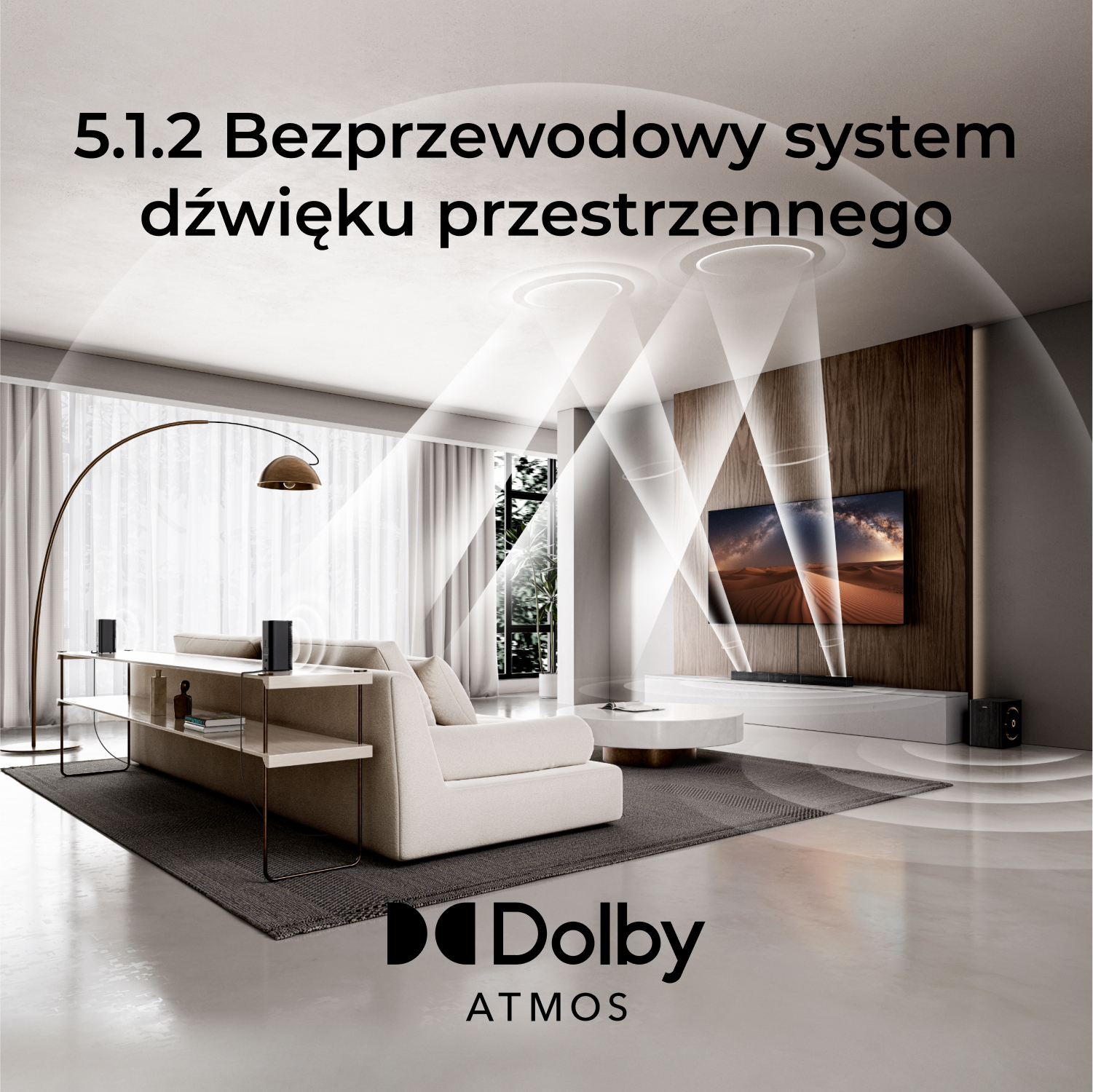 Nowoczesny salon z sofą, telewizorem i systemem dźwiękowym. Obraz promuje bezprzewodowy dźwięk przestrzenny, widoczne logo Dolby Atmos.