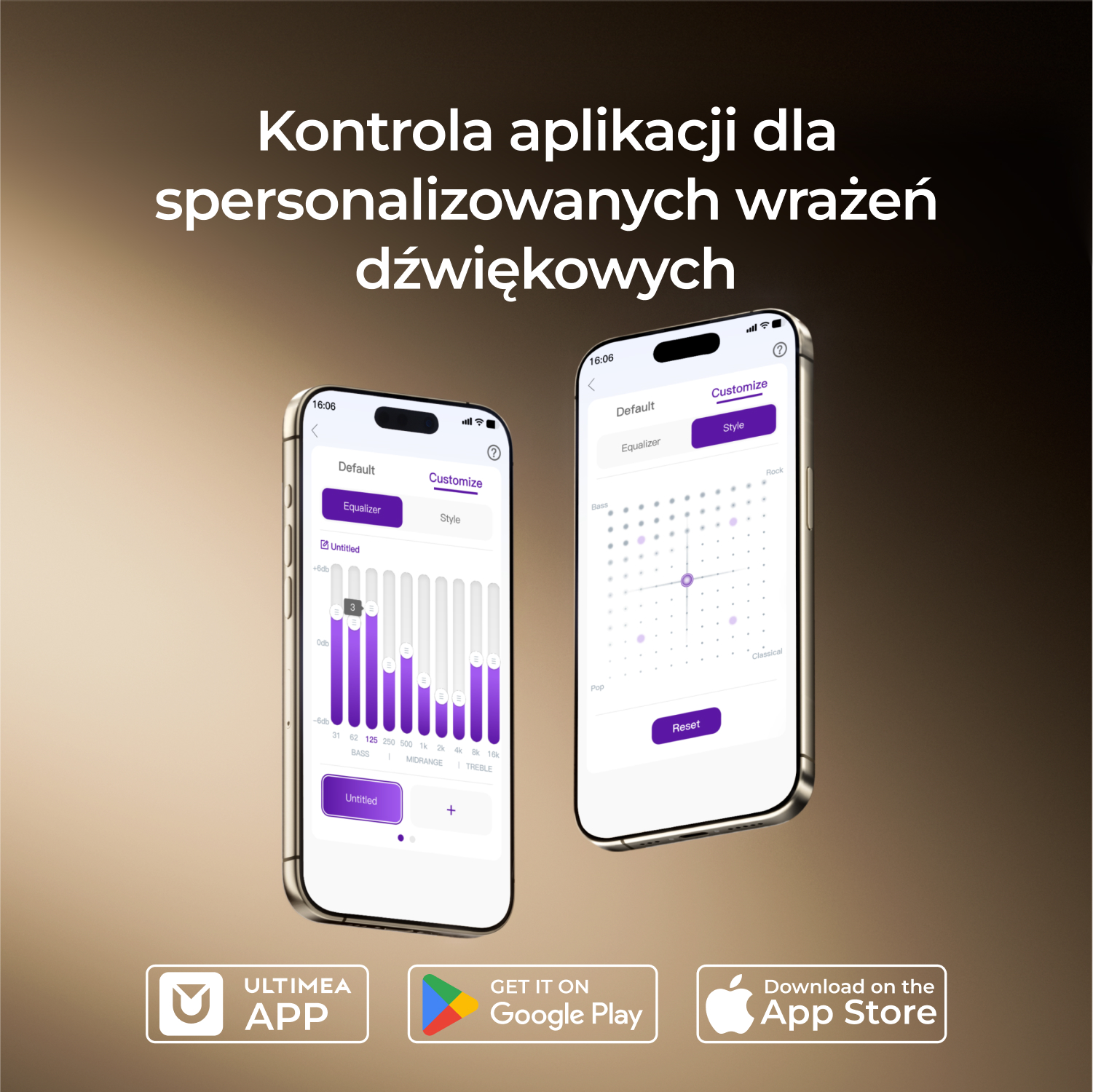 Dwa telefony wyświetlają interfejs aplikacji korektora. Tekst u góry mówi: 'Kontrola aplikacji dla spersonalizowanych wrażeń dźwiękowych'.