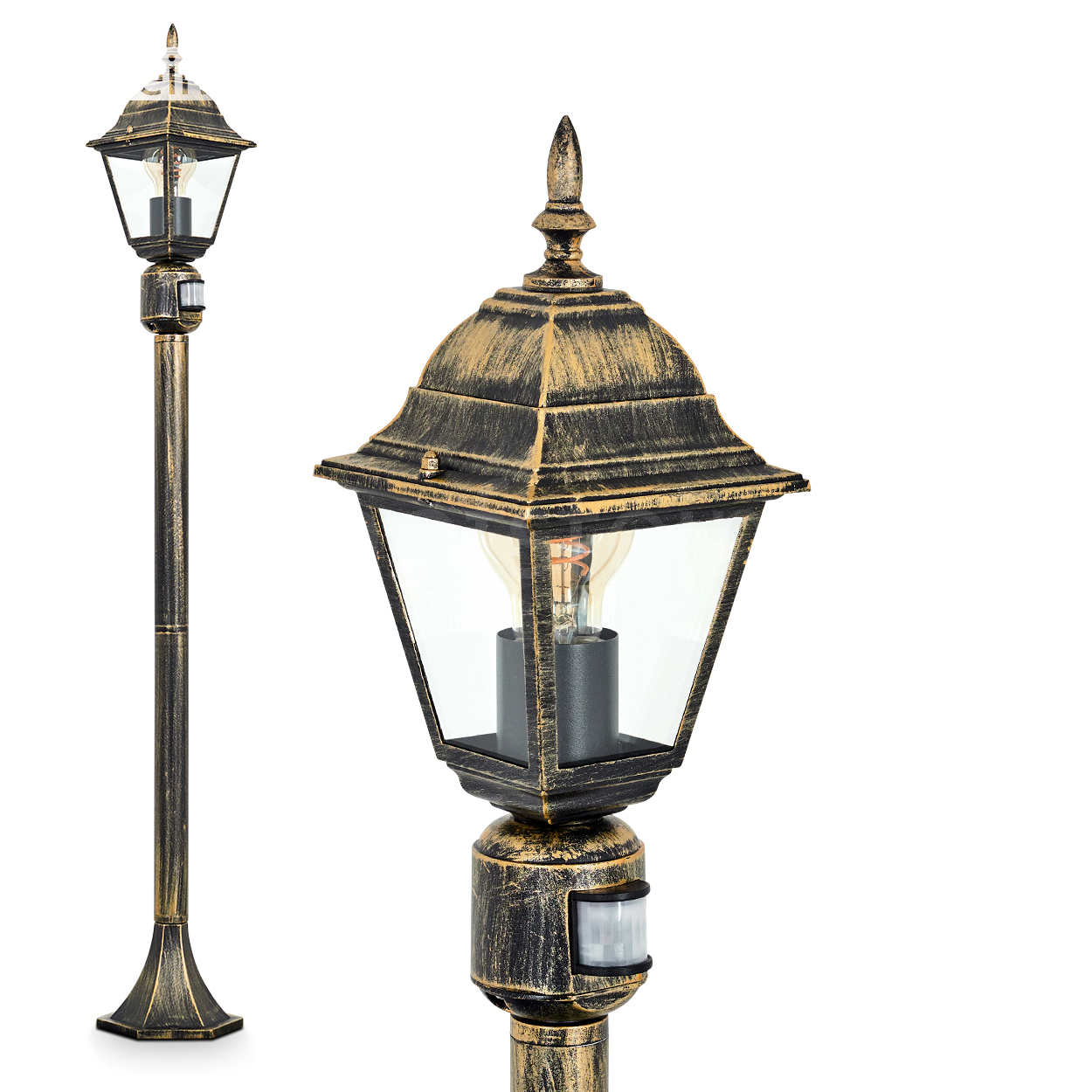 Eine Außenlaterne mit schwarzem und goldenem Finish. Die Lampe hat ein Glasgehäuse mit einer Glühbirne und einem Bewegungssensor.