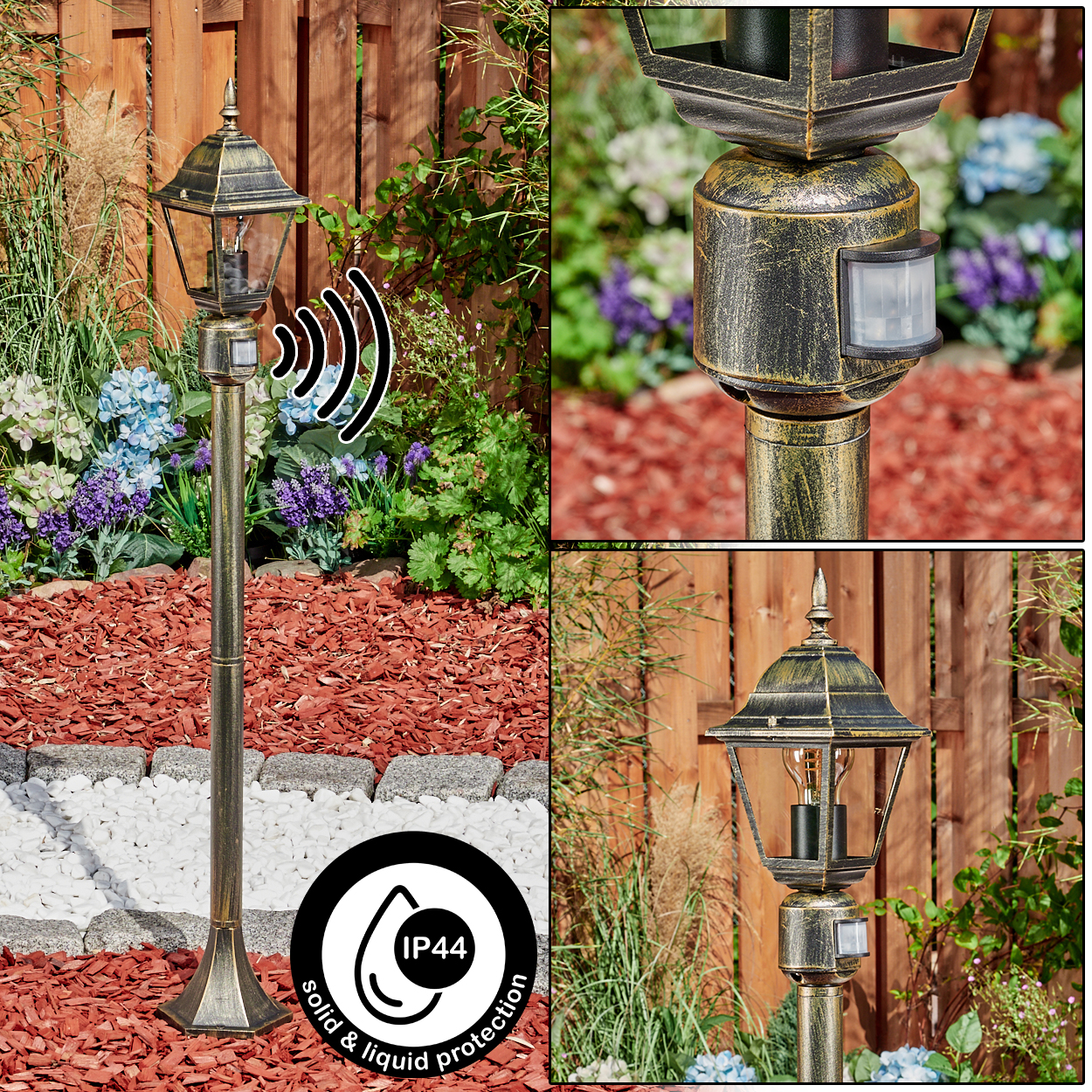 Goldene Außenlampe mit Bewegungssensor, umgeben von Pflanzen und Mulch. IP44-Schutzsymbol ist sichtbar.