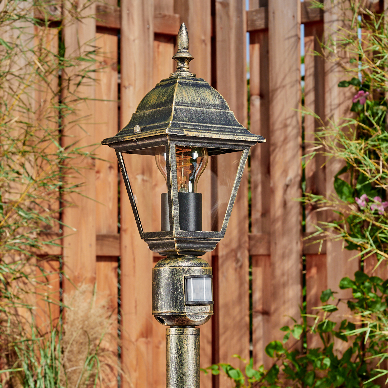 Verzierte Außenlampe mit Glasscheiben und Glühbirne. Dahinter ein Holzzaun und grüne Pflanzen.